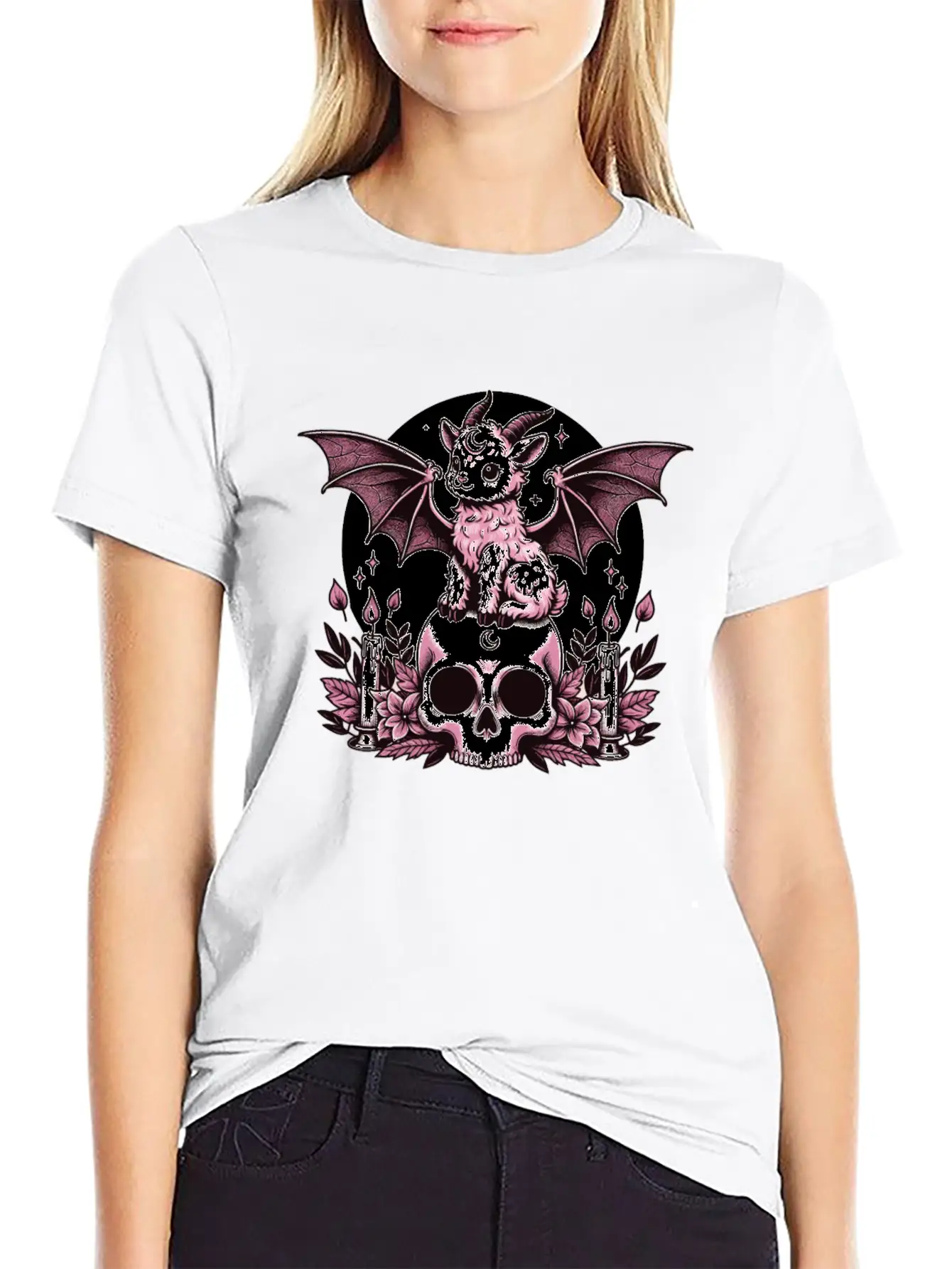 Kawaii Pastel Goth Cute Creepy Goat Bat Essential Cotton Tee For Daily Outfits ¨C Unisex Style