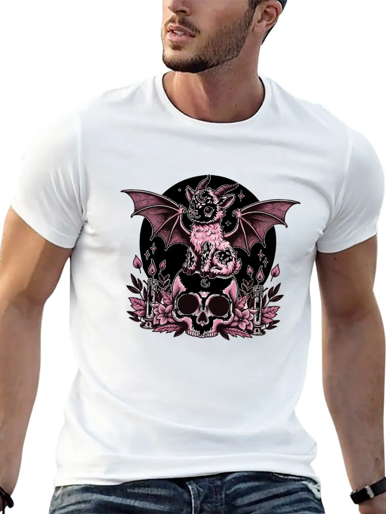 Kawaii Pastel Goth Cute Creepy Goat Bat Essential Cotton Tee For Daily Outfits ¨C Unisex Style