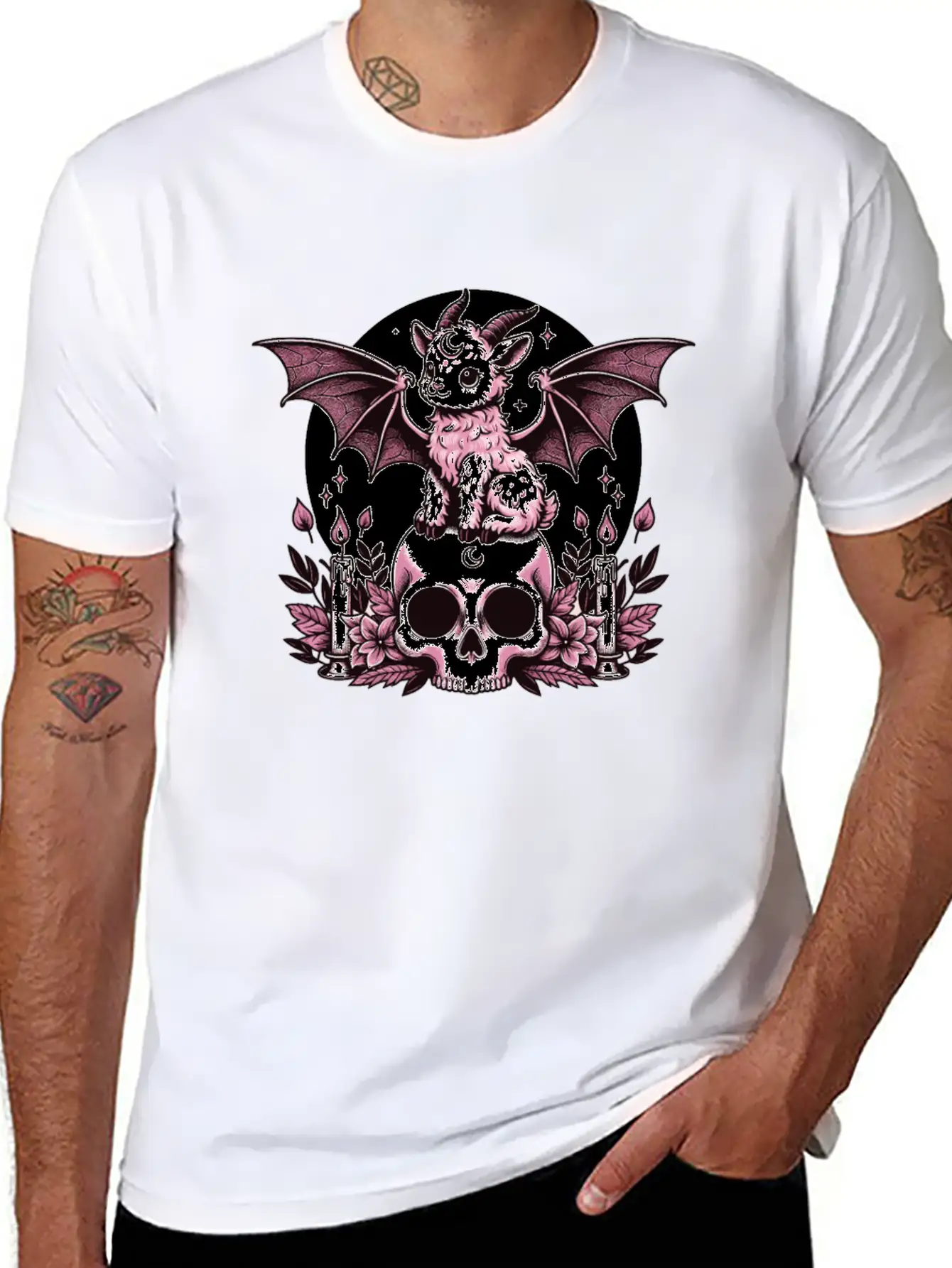 Kawaii Pastel Goth Cute Creepy Goat Bat Essential Cotton Tee For Daily Outfits ¨C Unisex Style