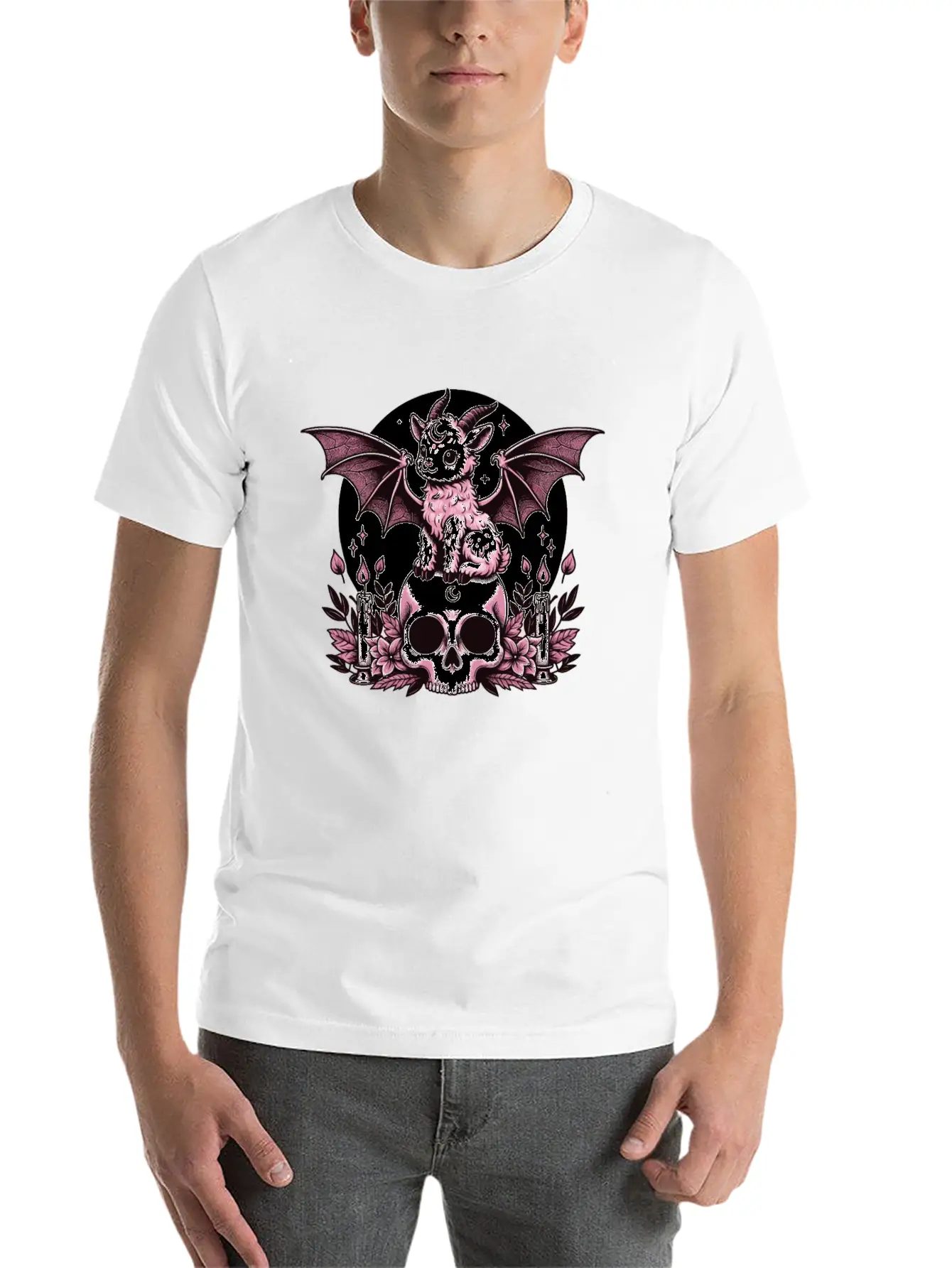 Kawaii Pastel Goth Cute Creepy Goat Bat Essential Cotton Tee For Daily Outfits ¨C Unisex Style
