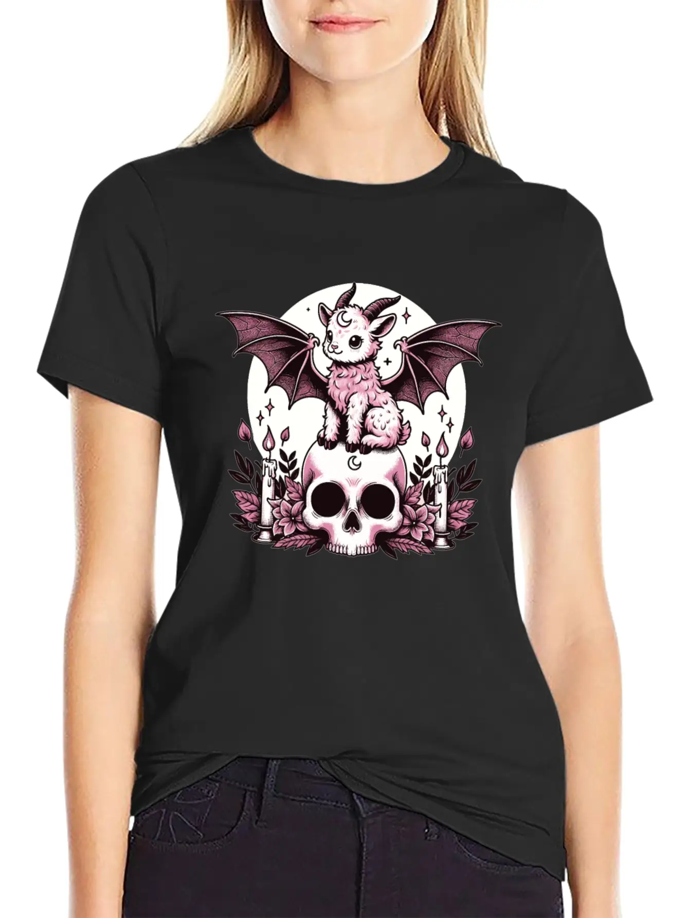 Kawaii Pastel Goth Cute Creepy Goat Bat Essential Cotton Tee For Daily Outfits ¨C Unisex Style
