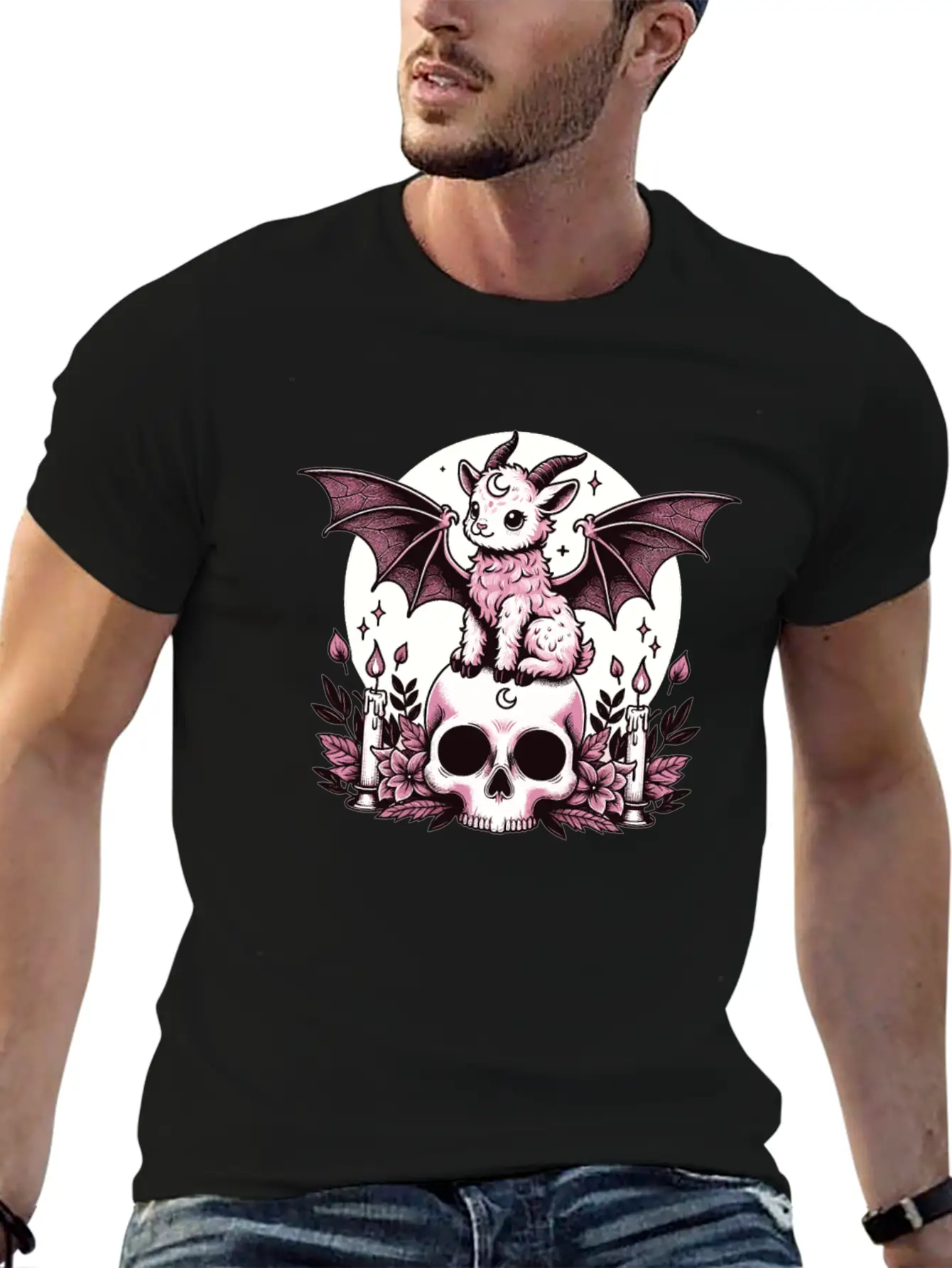 Kawaii Pastel Goth Cute Creepy Goat Bat Essential Cotton Tee For Daily Outfits ¨C Unisex Style