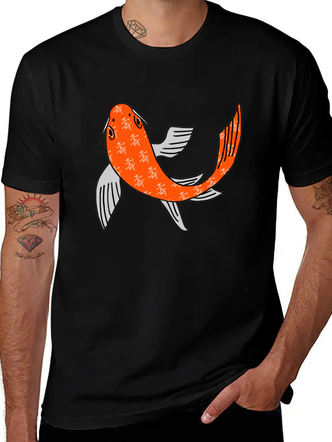 Koi Fish Featuring Longevity Chinese Character Essential Cotton Tee For Daily Outfits ¨C Unisex Style