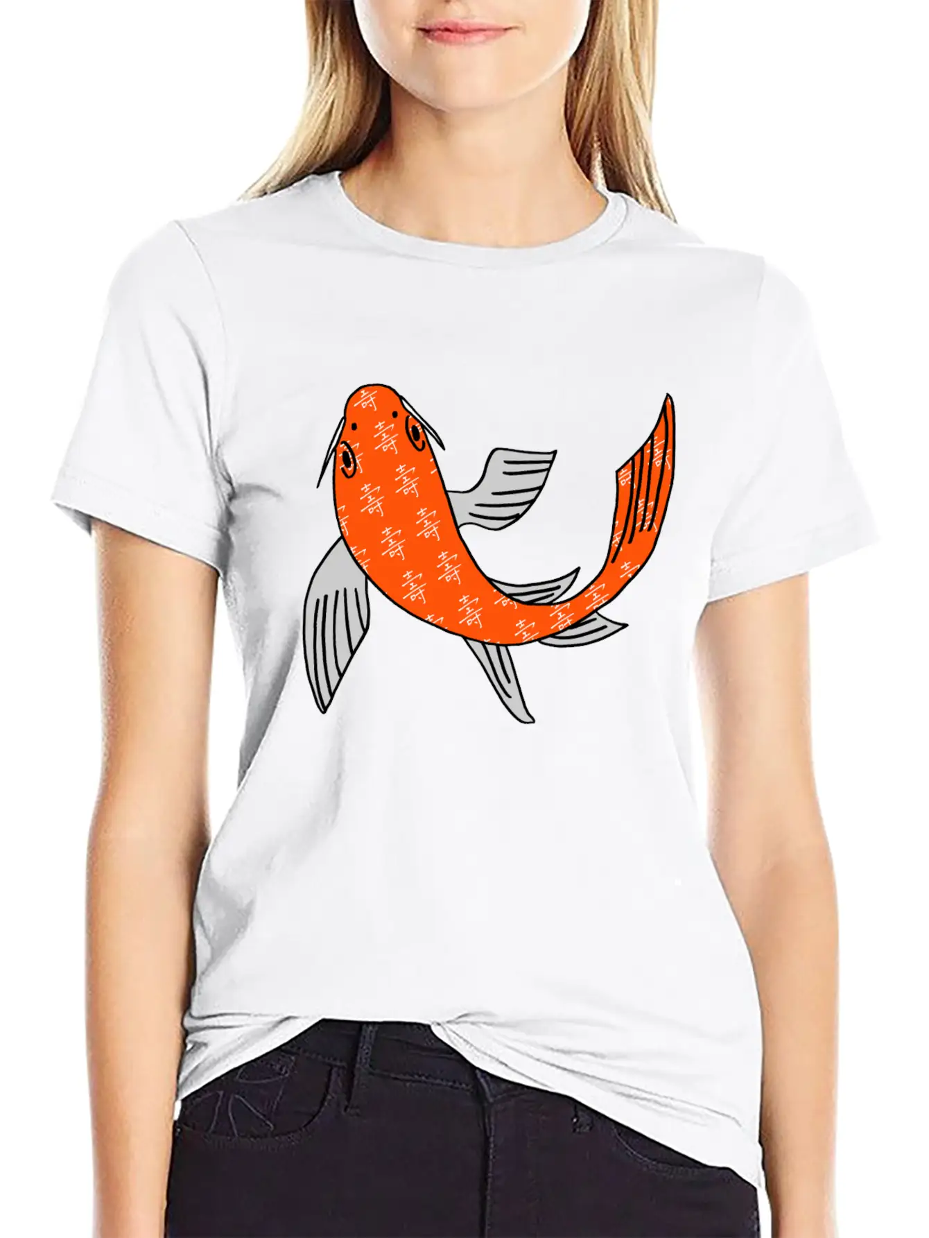 Koi Fish Featuring Longevity Chinese Character Essential Cotton Tee For Daily Outfits ¨C Unisex Style