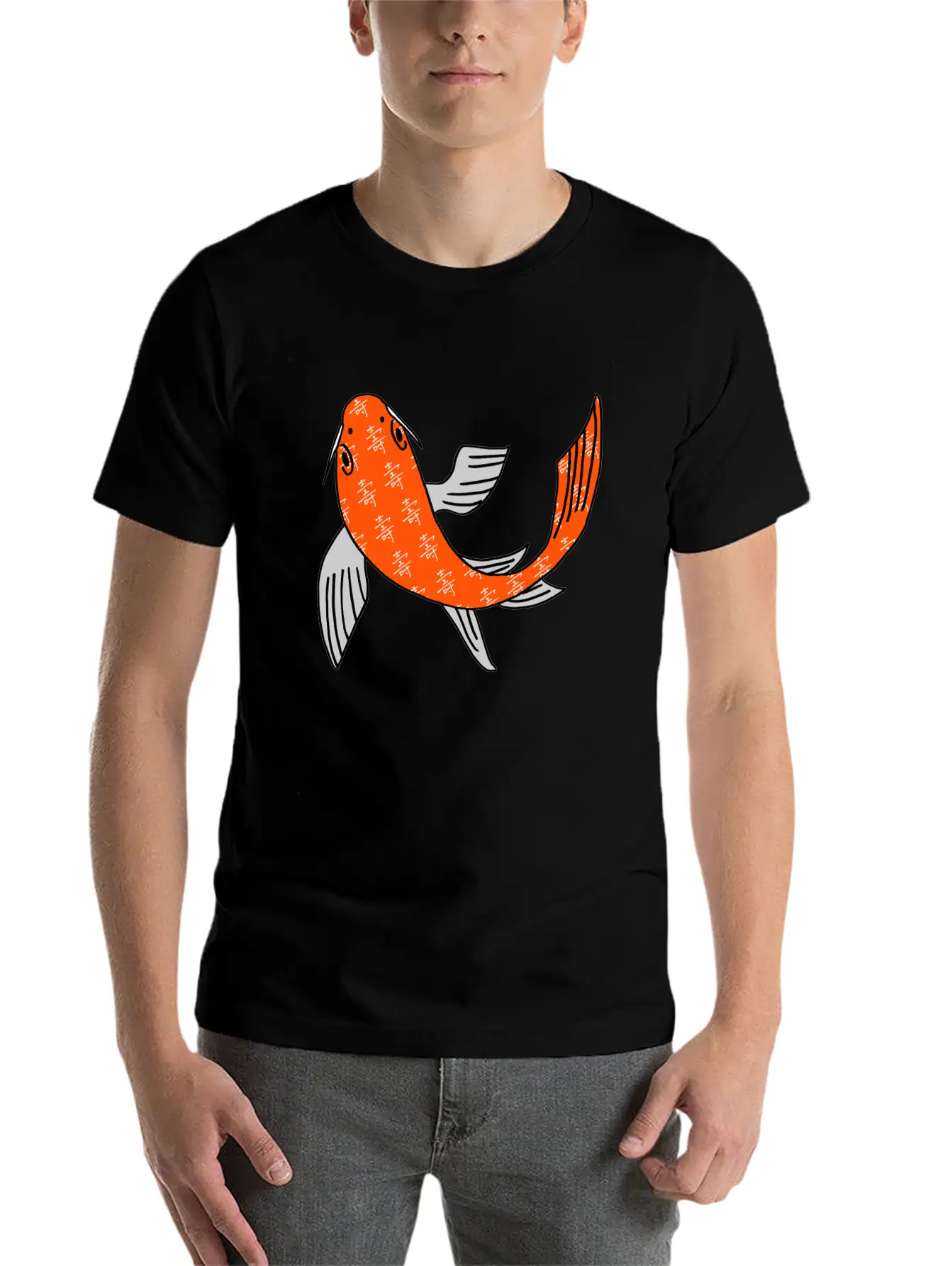 Koi Fish Featuring Longevity Chinese Character Essential Cotton Tee For Daily Outfits ¨C Unisex Style