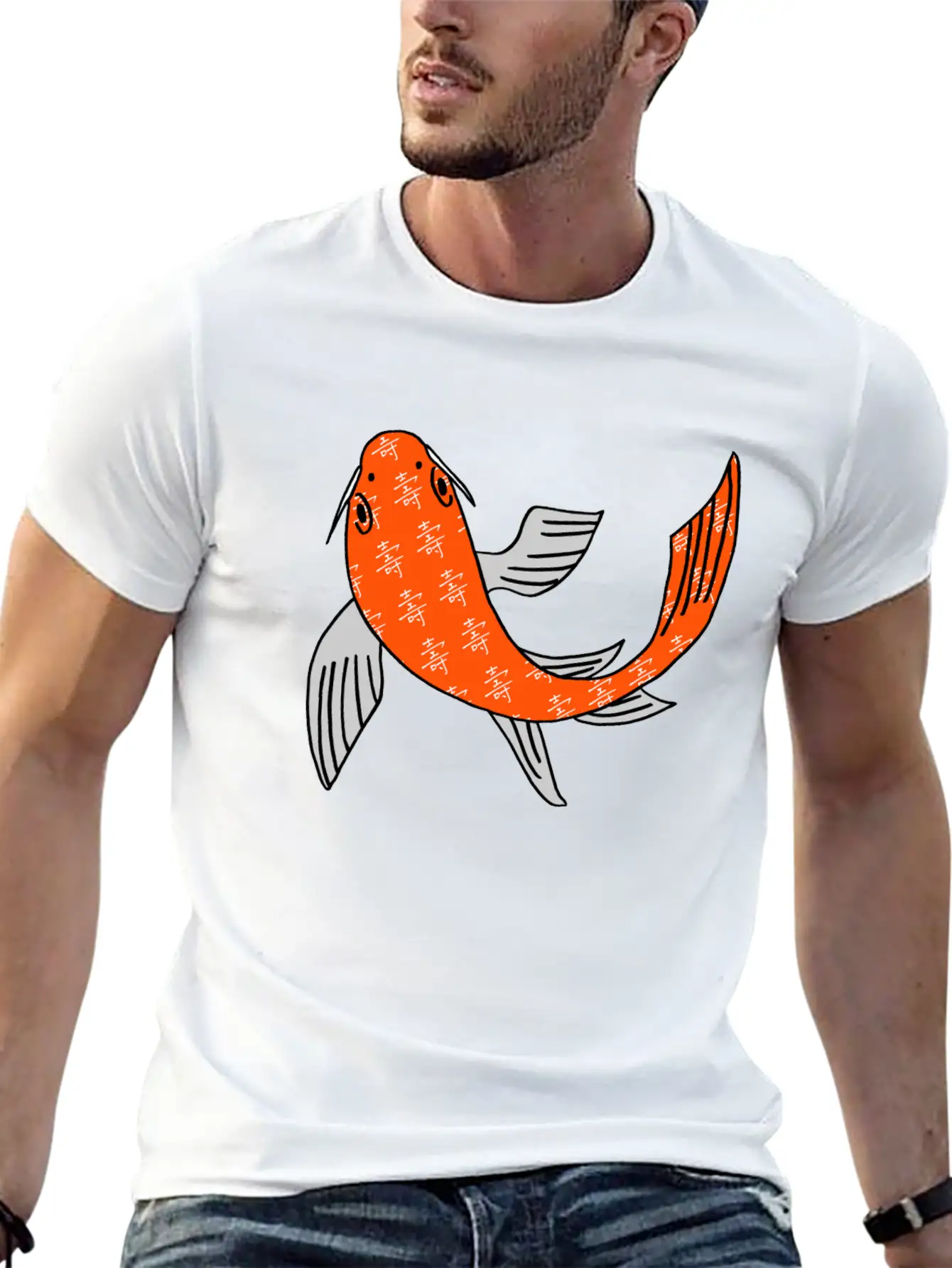 Koi Fish Featuring Longevity Chinese Character Essential Cotton Tee For Daily Outfits ¨C Unisex Style