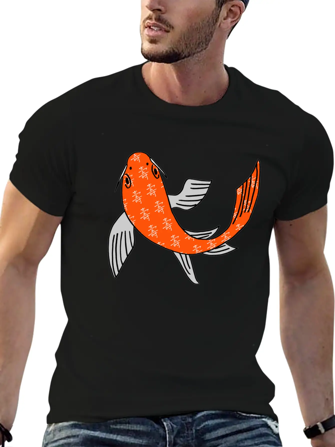 Koi Fish Featuring Longevity Chinese Character Essential Cotton Tee For Daily Outfits ¨C Unisex Style