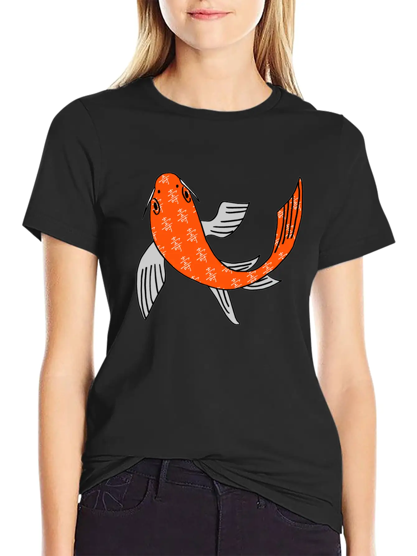 Koi Fish Featuring Longevity Chinese Character Essential Cotton Tee For Daily Outfits ¨C Unisex Style