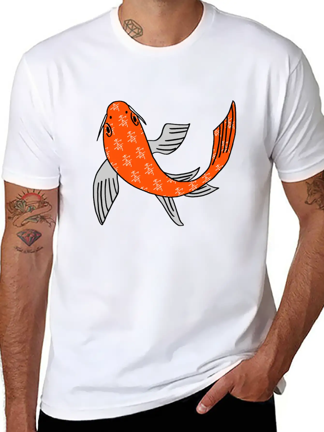 Koi Fish Featuring Longevity Chinese Character Essential Cotton Tee For Daily Outfits ¨C Unisex Style
