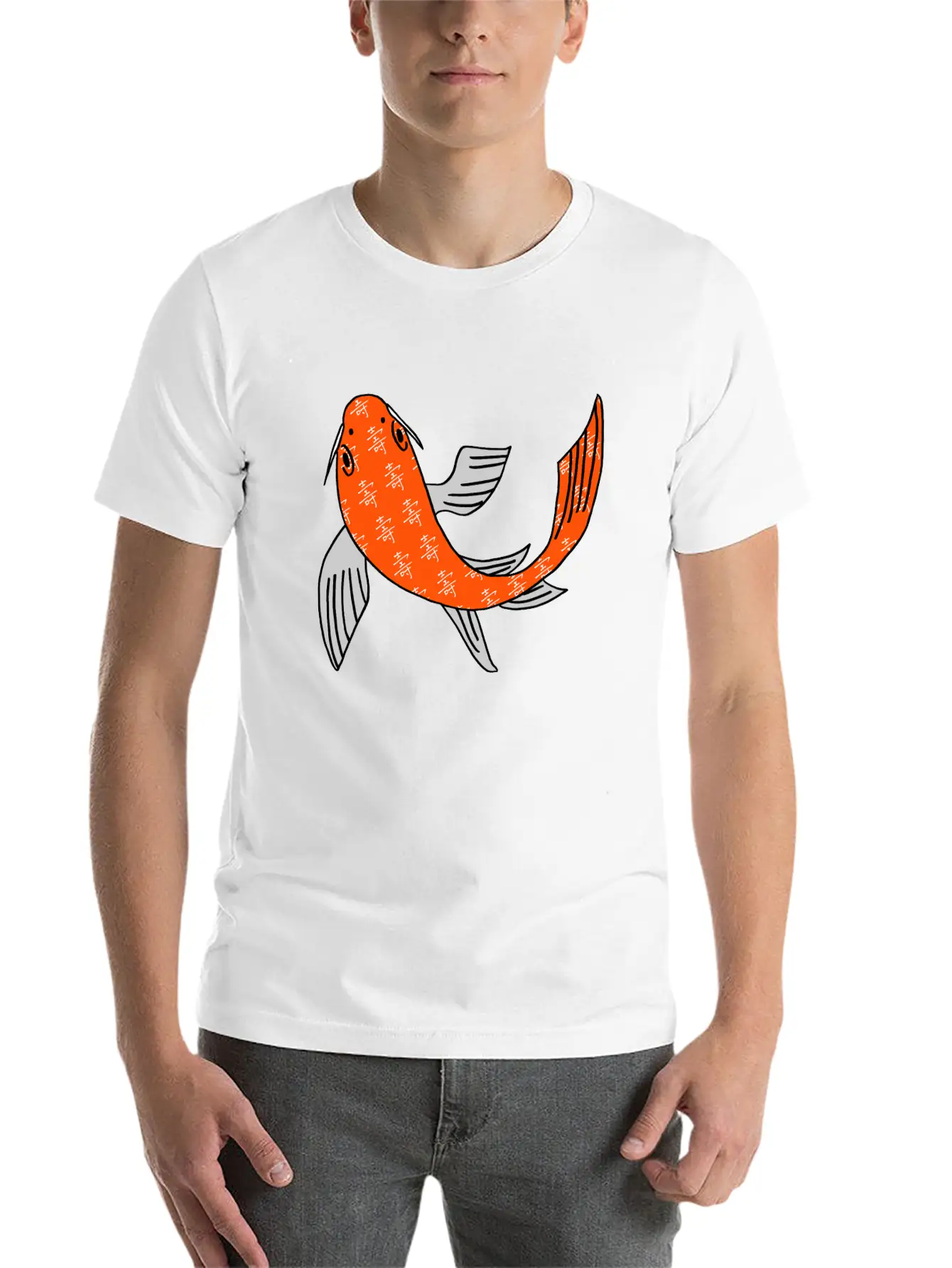 Koi Fish Featuring Longevity Chinese Character Essential Cotton Tee For Daily Outfits ¨C Unisex Style