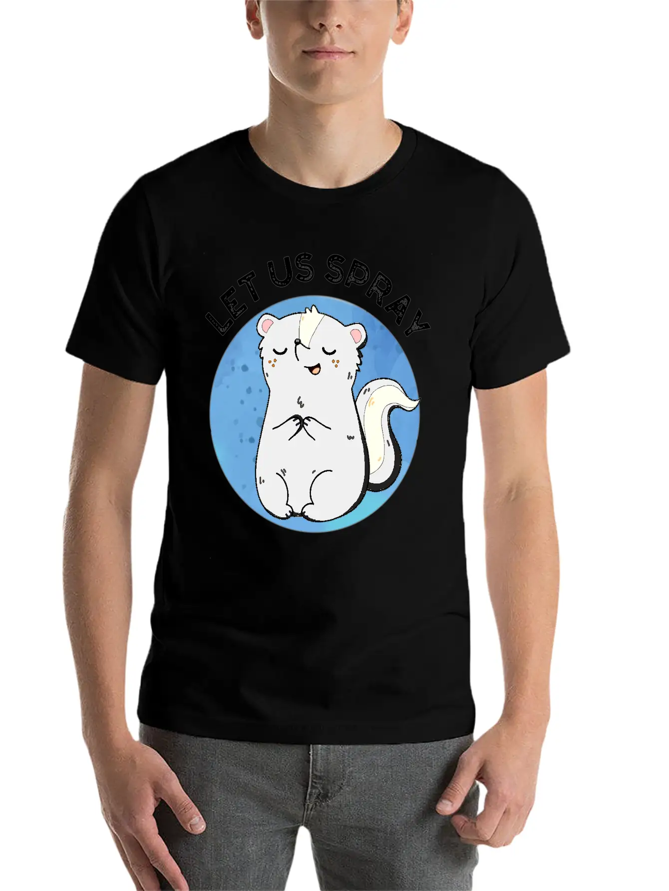 Let Us Spray Funny Skunk Pun Basic Graphic T-Shirt ¨C Daily Comfort In Soft Cotton