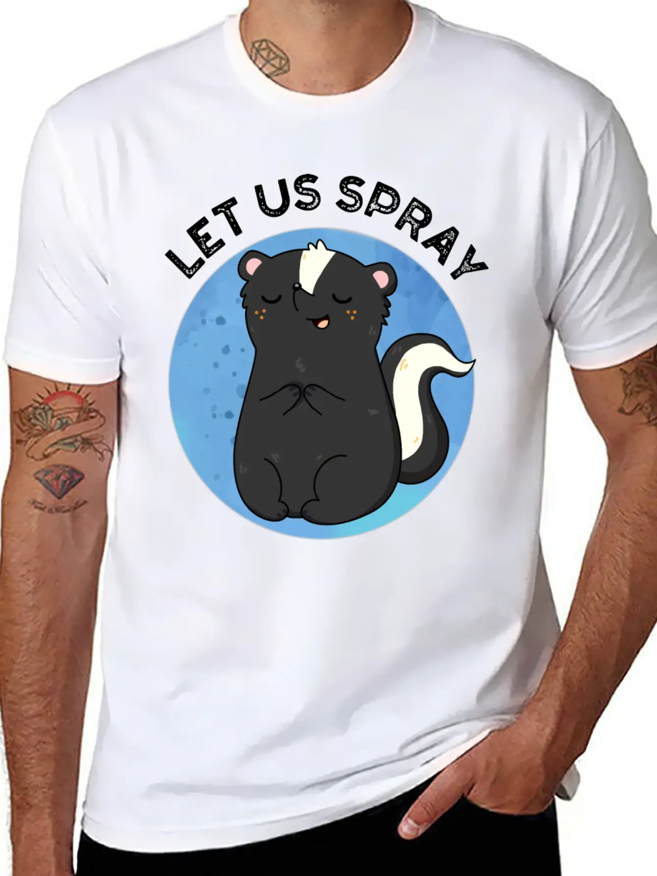 Let Us Spray Funny Skunk Pun Basic Graphic T-Shirt ¨C Daily Comfort In Soft Cotton