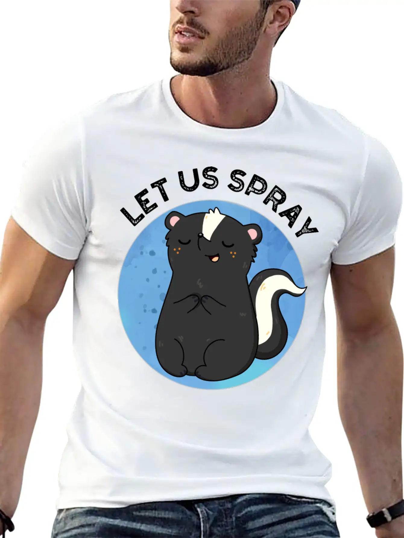 Let Us Spray Funny Skunk Pun Basic Graphic T-Shirt ¨C Daily Comfort In Soft Cotton