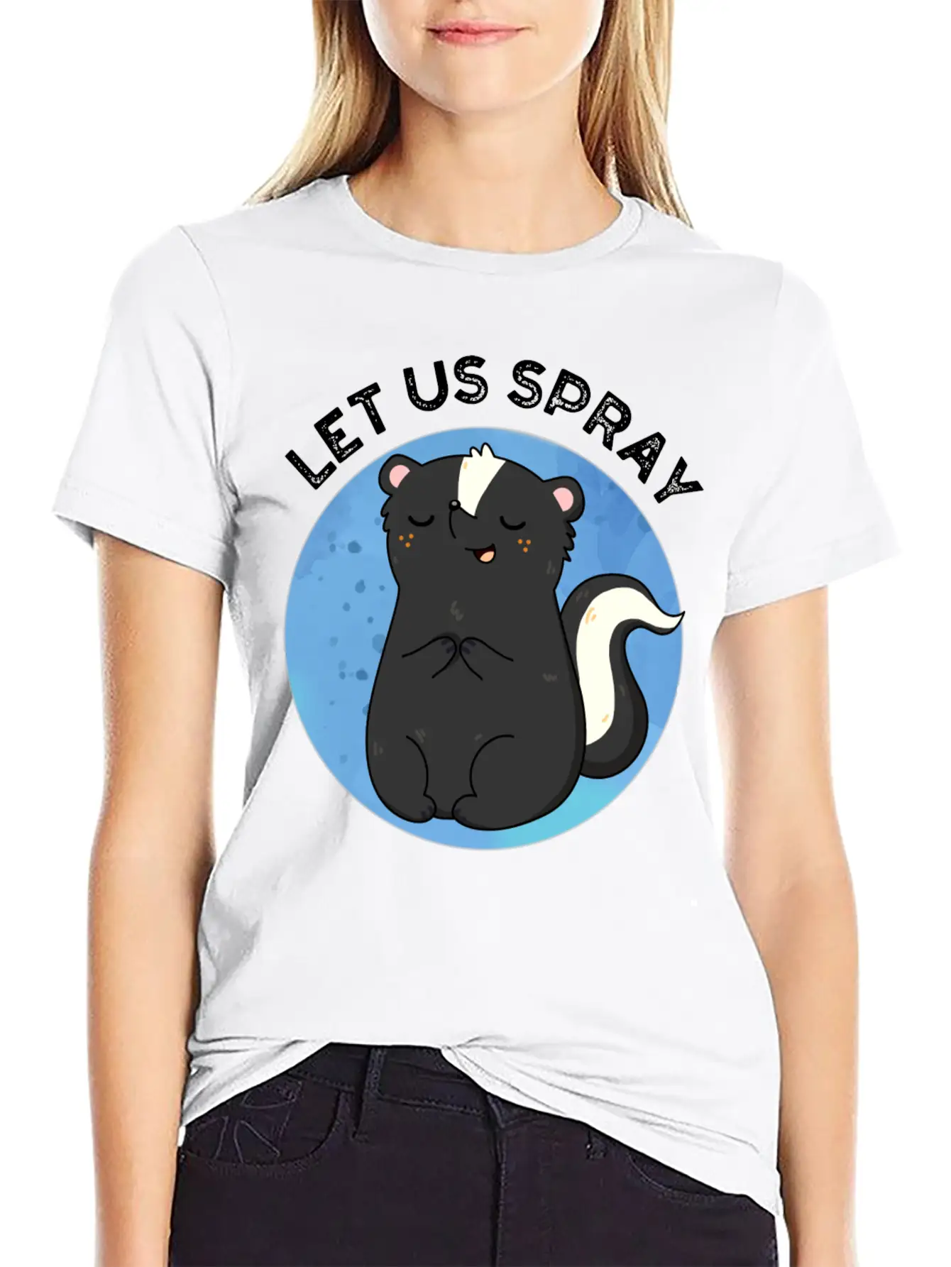 Let Us Spray Funny Skunk Pun Basic Graphic T-Shirt ¨C Daily Comfort In Soft Cotton