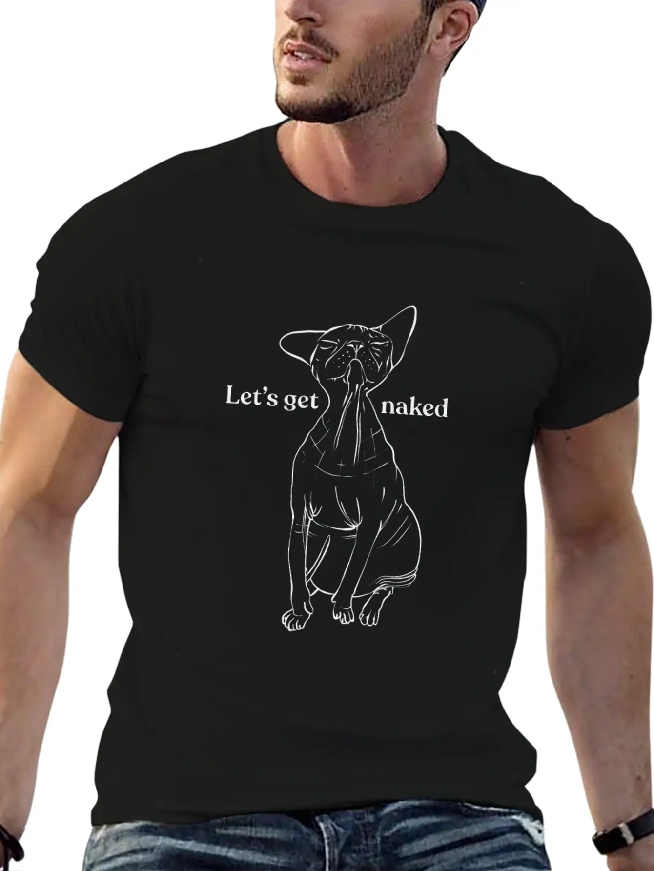 Let's Get Naked - Demon Eyes Sphynx Cat - Line Art Basic Graphic T-Shirt ¨C Daily Comfort In Soft Cotton