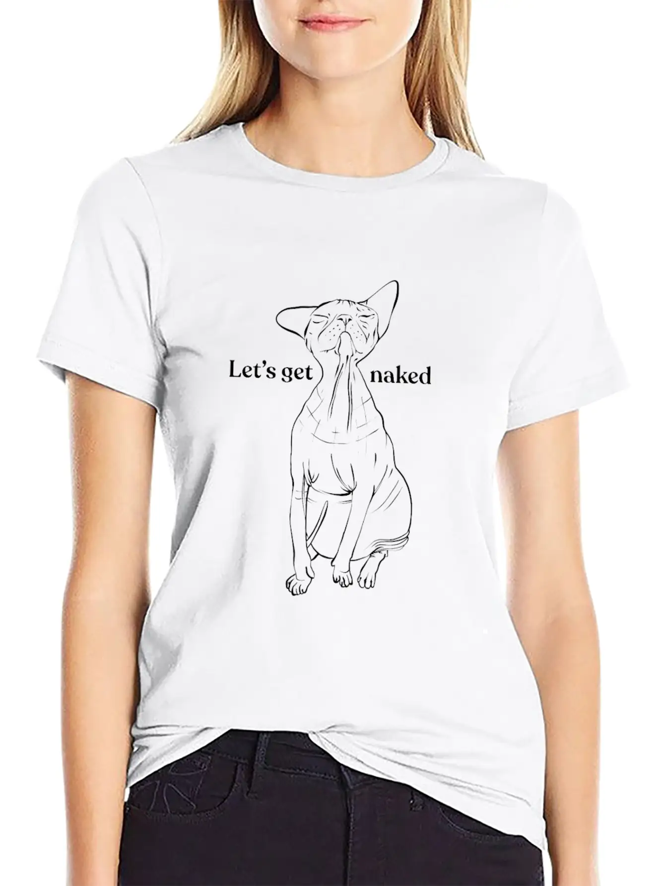 Let's Get Naked - Demon Eyes Sphynx Cat - Line Art Basic Graphic T-Shirt ¨C Daily Comfort In Soft Cotton
