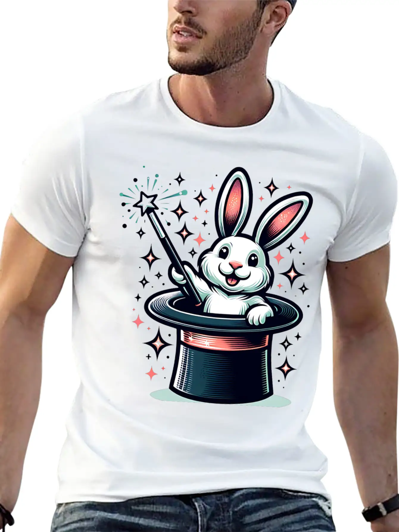 Magical Bunny In Top Hat Illustration Essential Cotton Tee For Daily Outfits ¨C Unisex Style