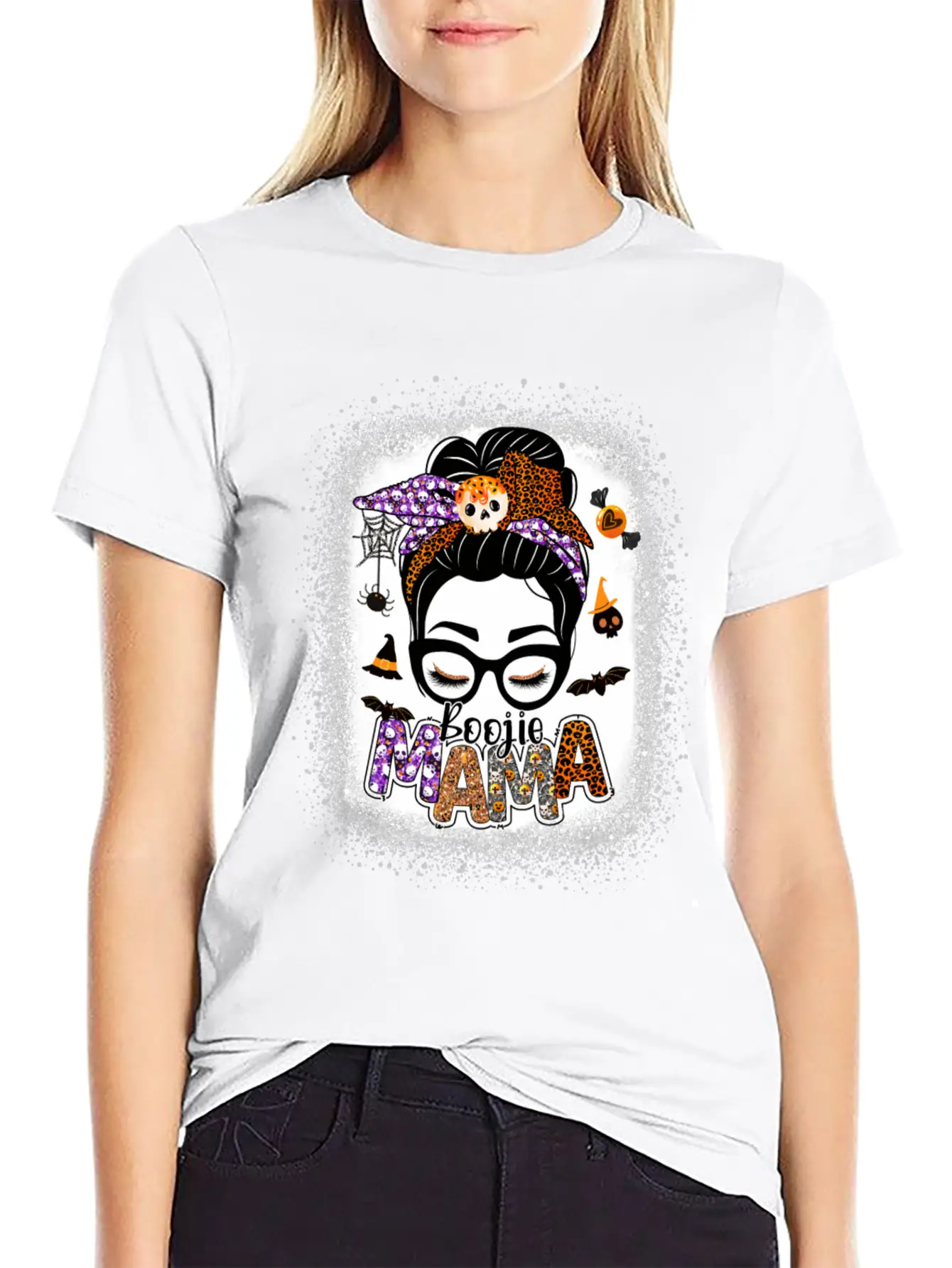 Mama Halloween Monster Messy Bun Skull Mama Bleach Basic Graphic T-Shirt ¨C Daily Comfort In Soft Cotton