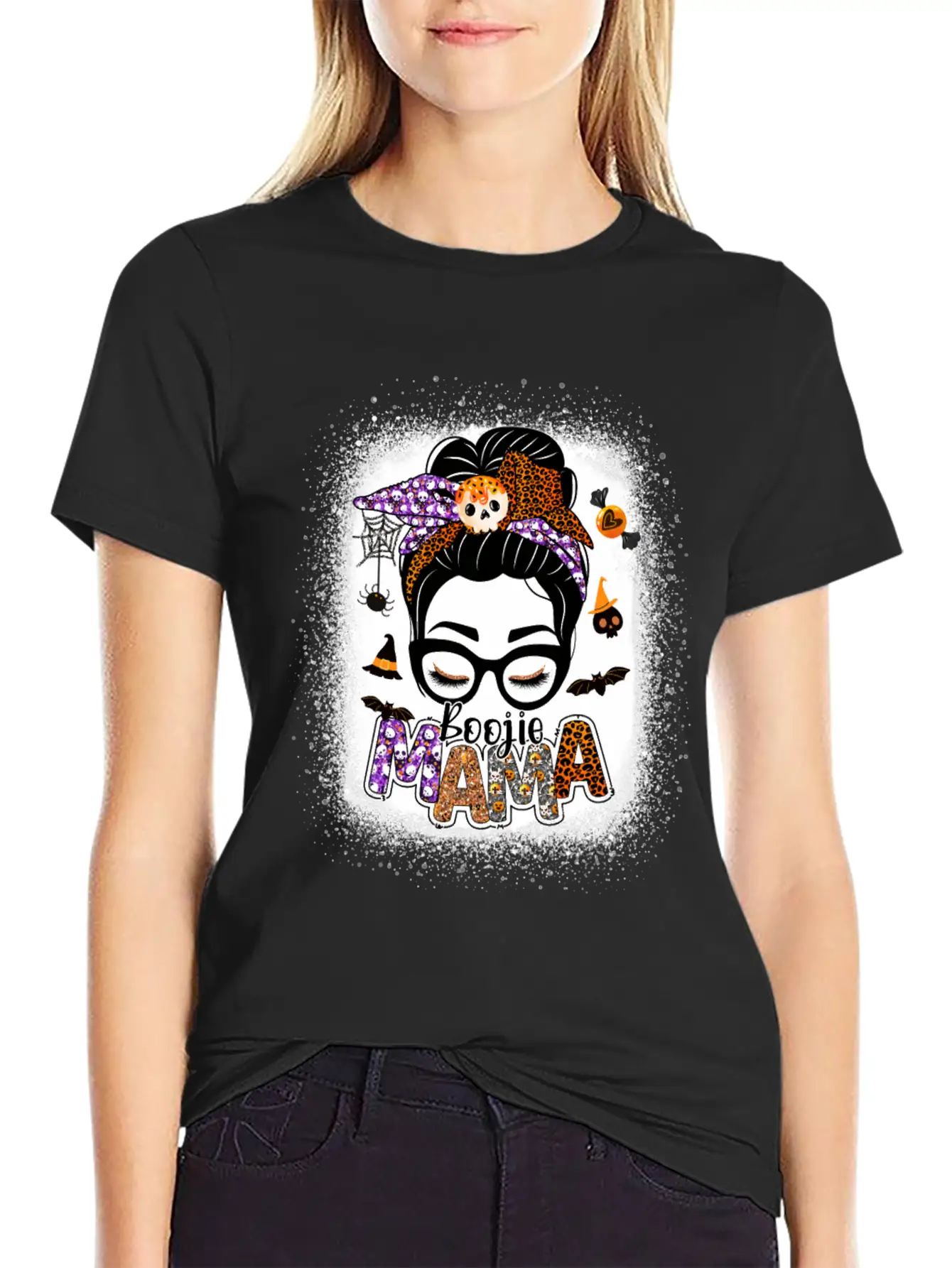 Mama Halloween Monster Messy Bun Skull Mama Bleach Basic Graphic T-Shirt ¨C Daily Comfort In Soft Cotton