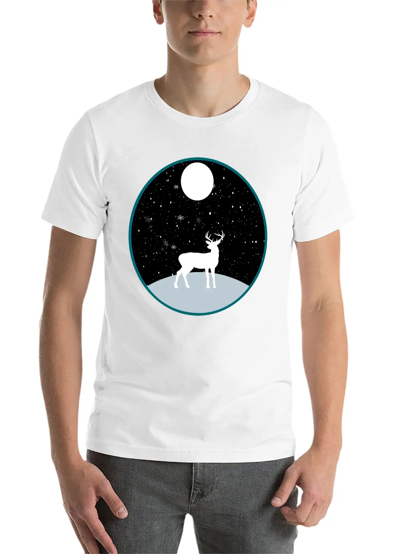 Moon Snow And Reindeer Essential Cotton Tee For Daily Outfits ¨C Unisex Style