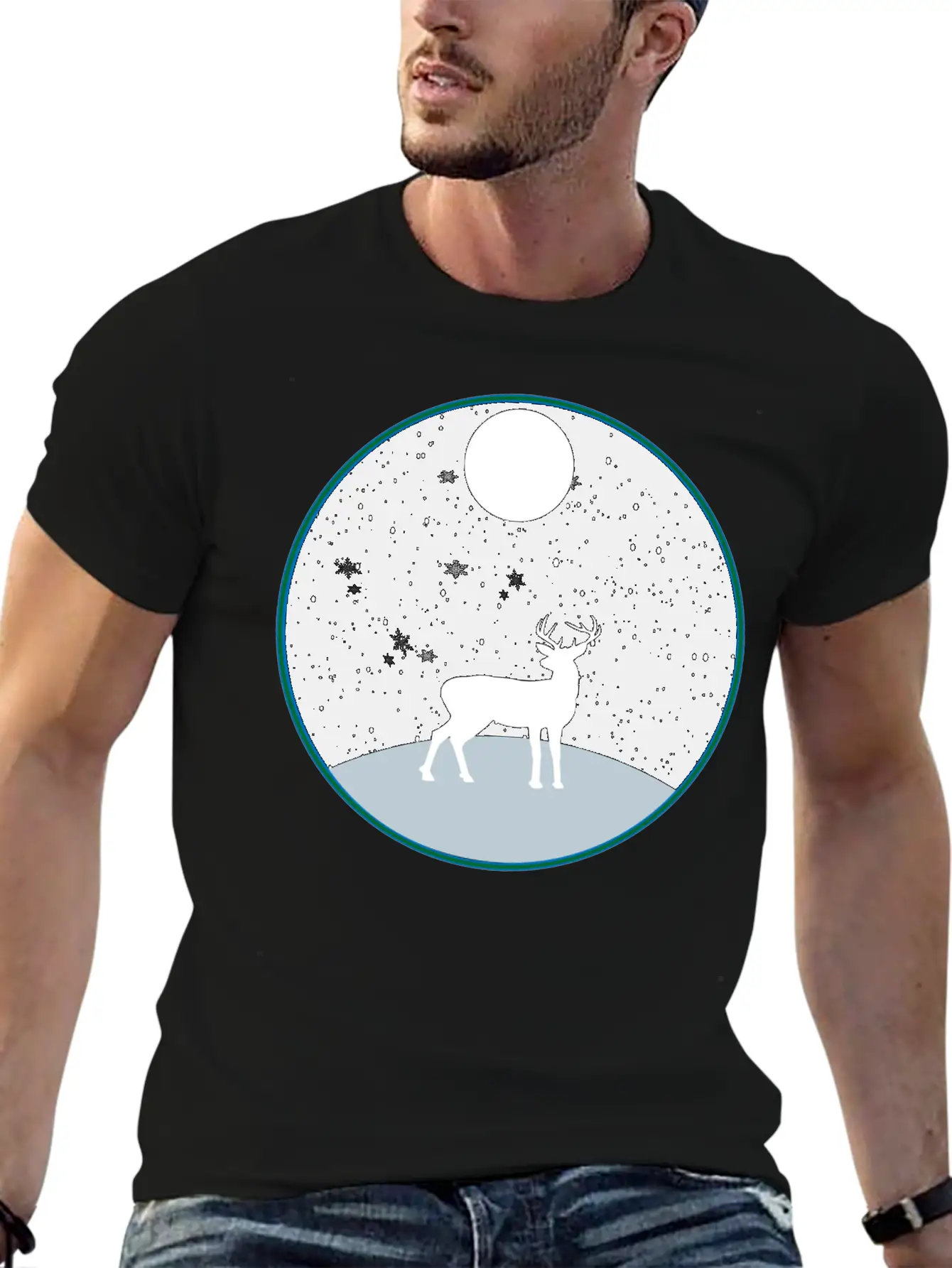 Moon Snow And Reindeer Essential Cotton Tee For Daily Outfits ¨C Unisex Style