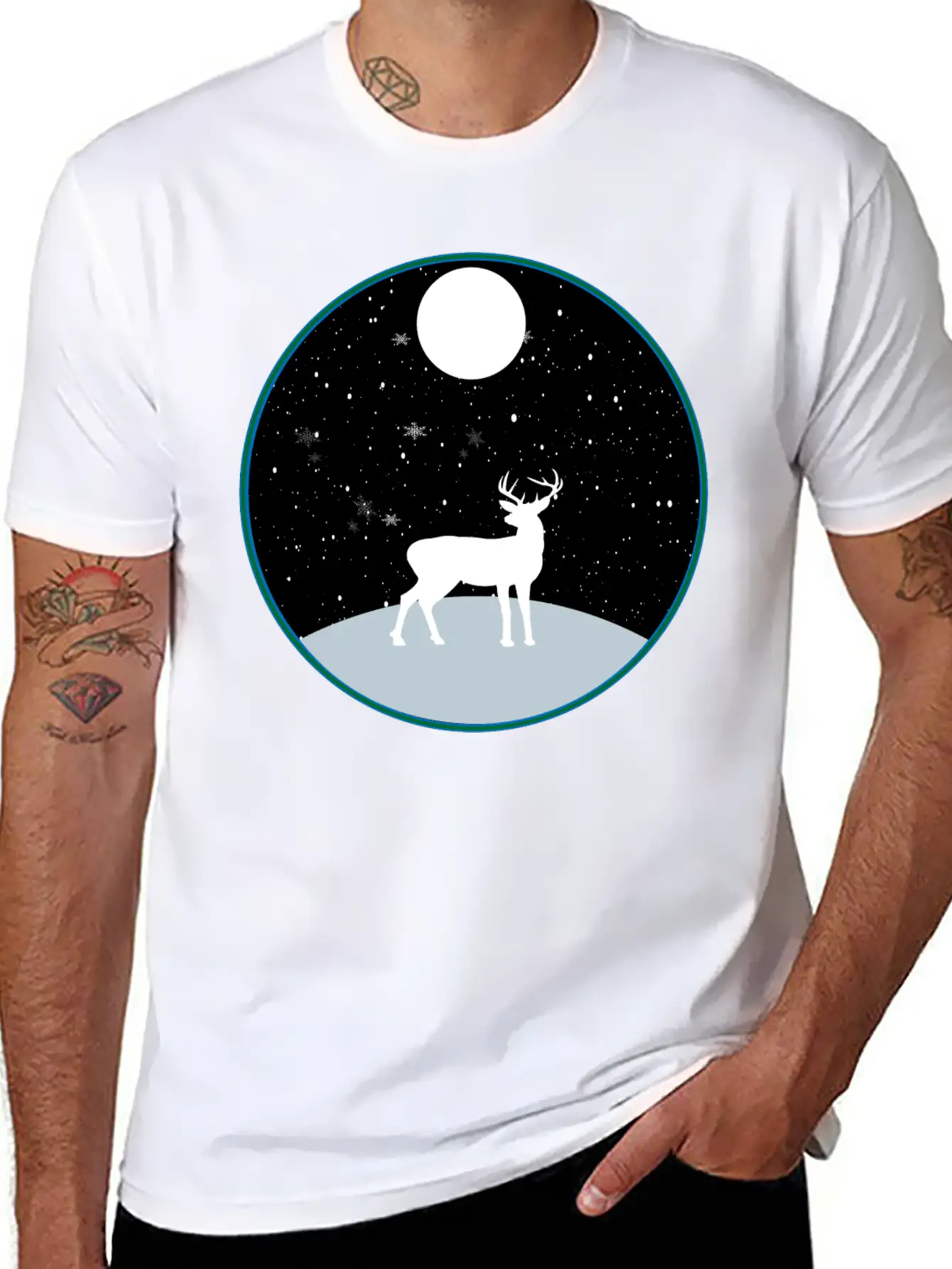 Moon Snow And Reindeer Essential Cotton Tee For Daily Outfits ¨C Unisex Style