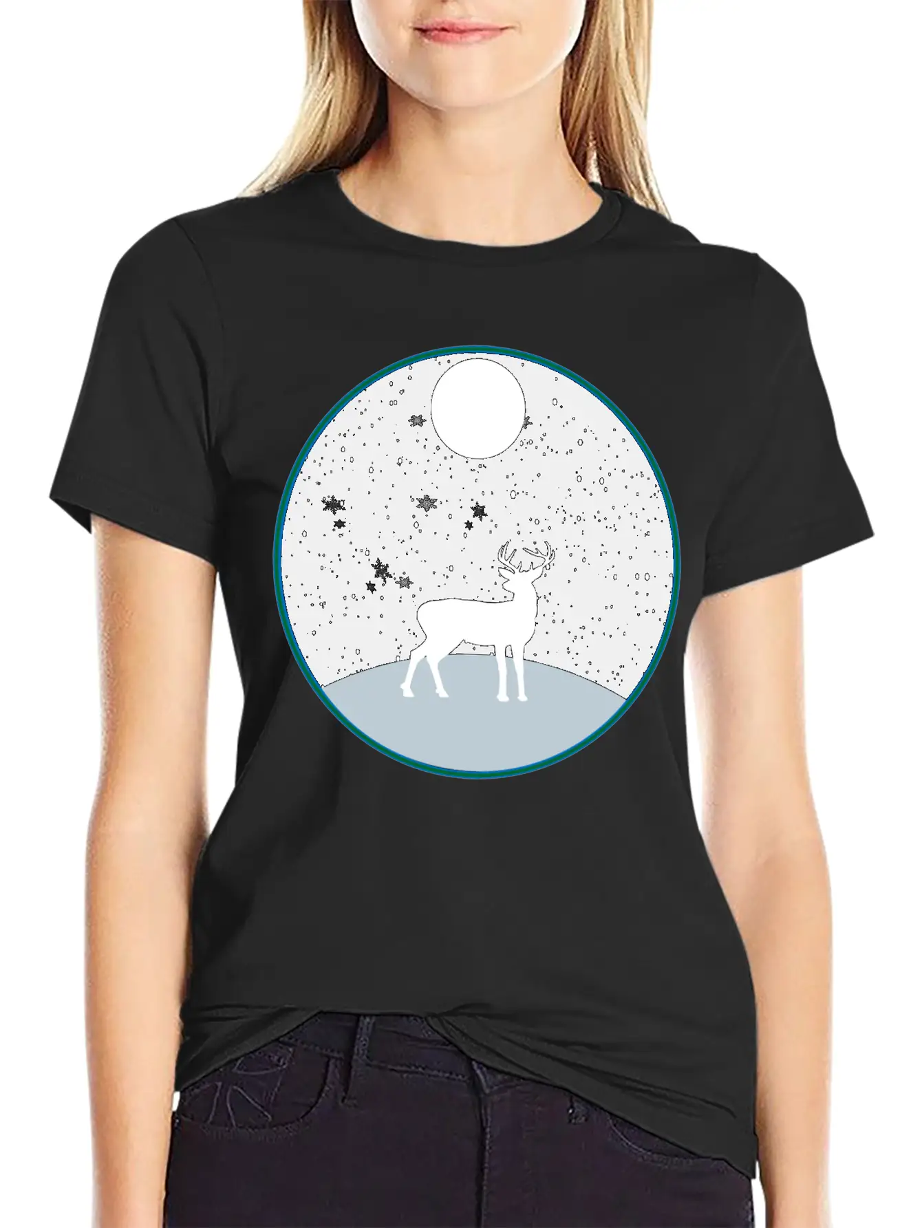 Moon Snow And Reindeer Essential Cotton Tee For Daily Outfits ¨C Unisex Style