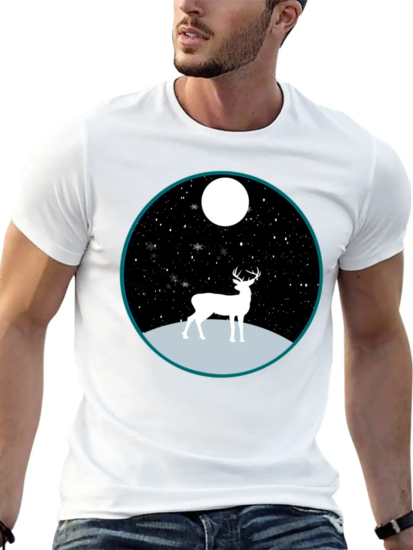 Moon Snow And Reindeer Essential Cotton Tee For Daily Outfits ¨C Unisex Style