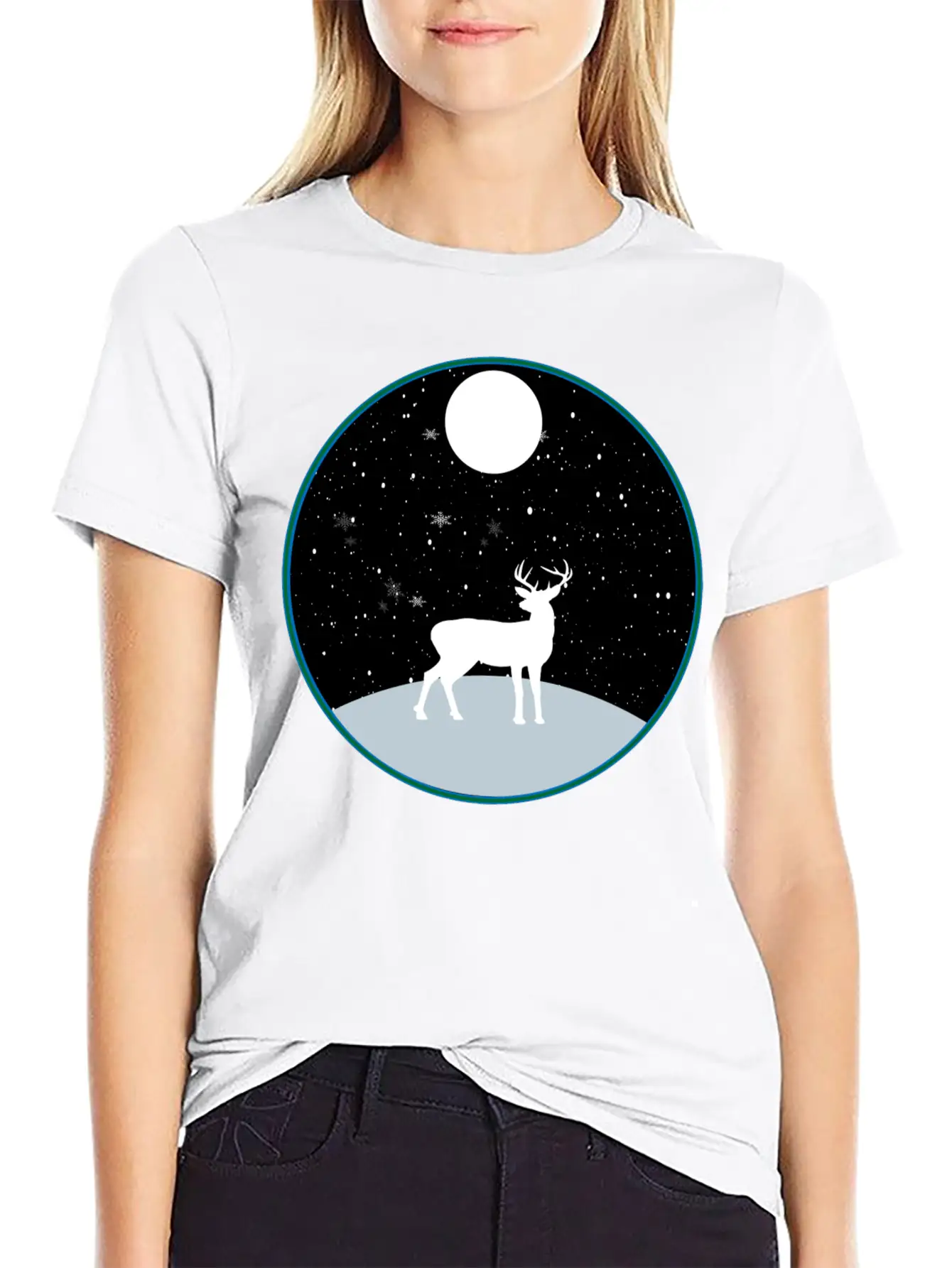Moon Snow And Reindeer Essential Cotton Tee For Daily Outfits ¨C Unisex Style
