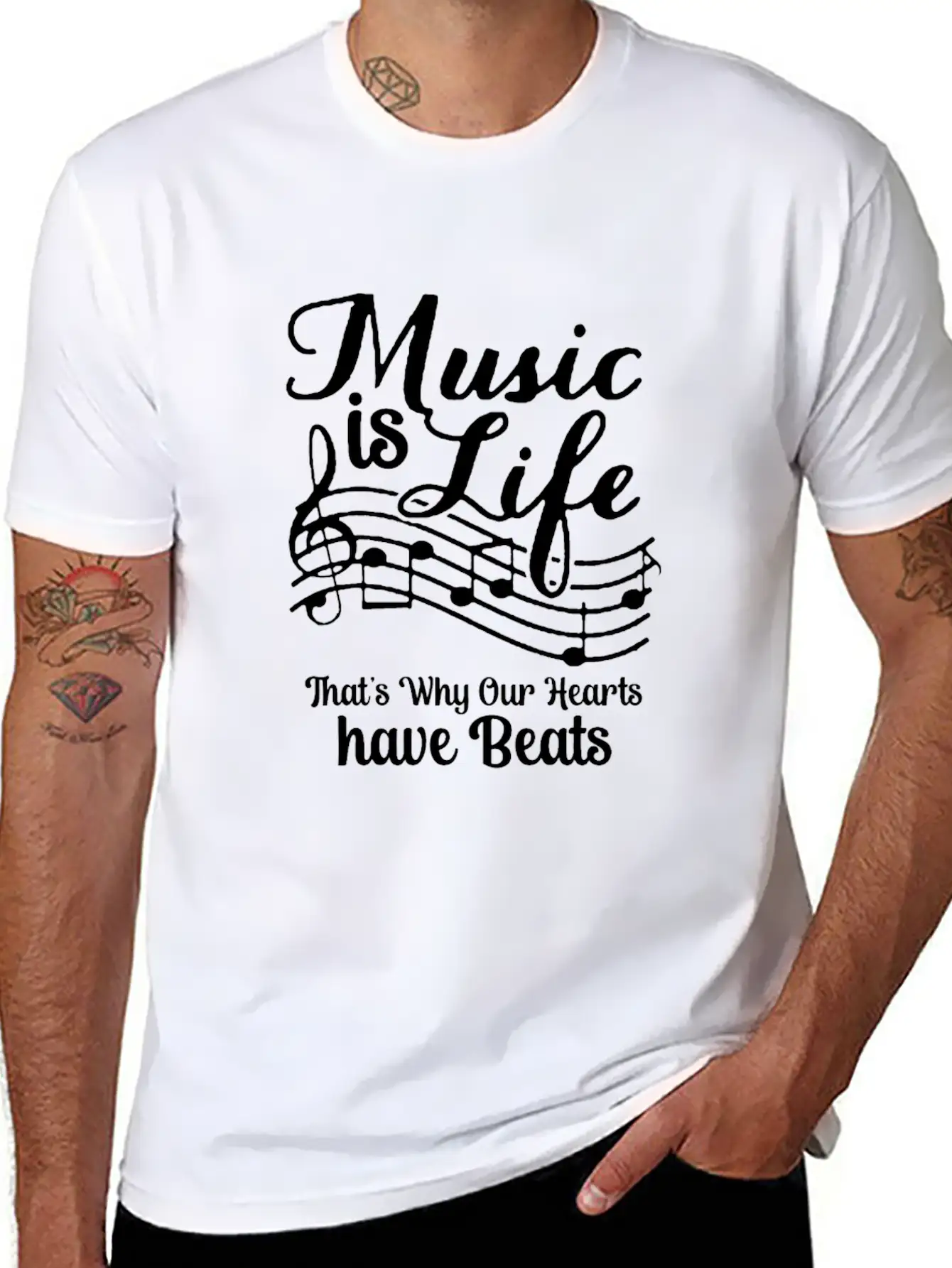 Music Is Life That's Why Our Hearts Have Beats Basic Graphic T-Shirt ¨C Daily Comfort In Soft Cotton