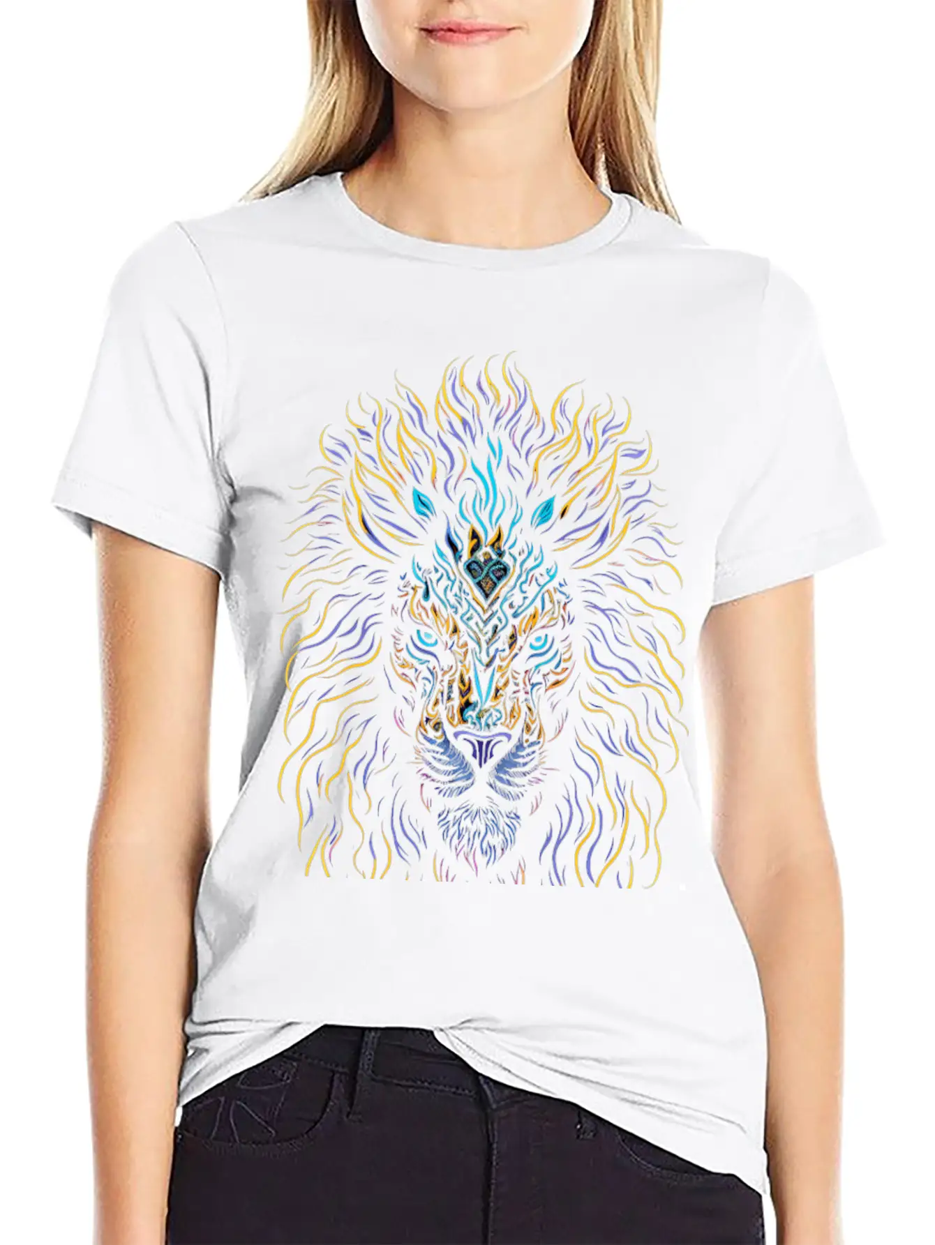 Neon Color Ornamental Lion Head Essential Cotton Tee For Daily Outfits ¨C Unisex Style
