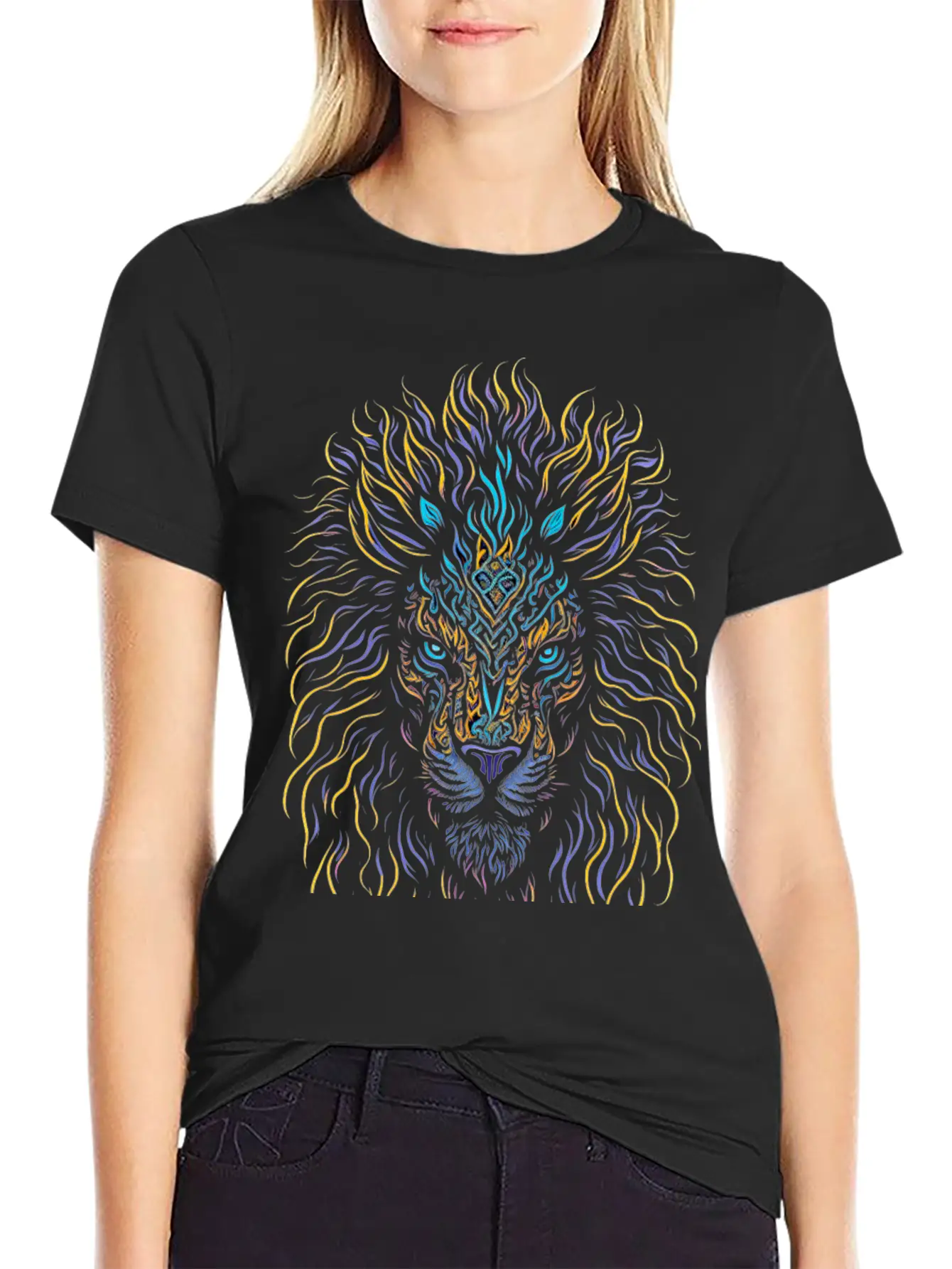 Neon Color Ornamental Lion Head Essential Cotton Tee For Daily Outfits ¨C Unisex Style