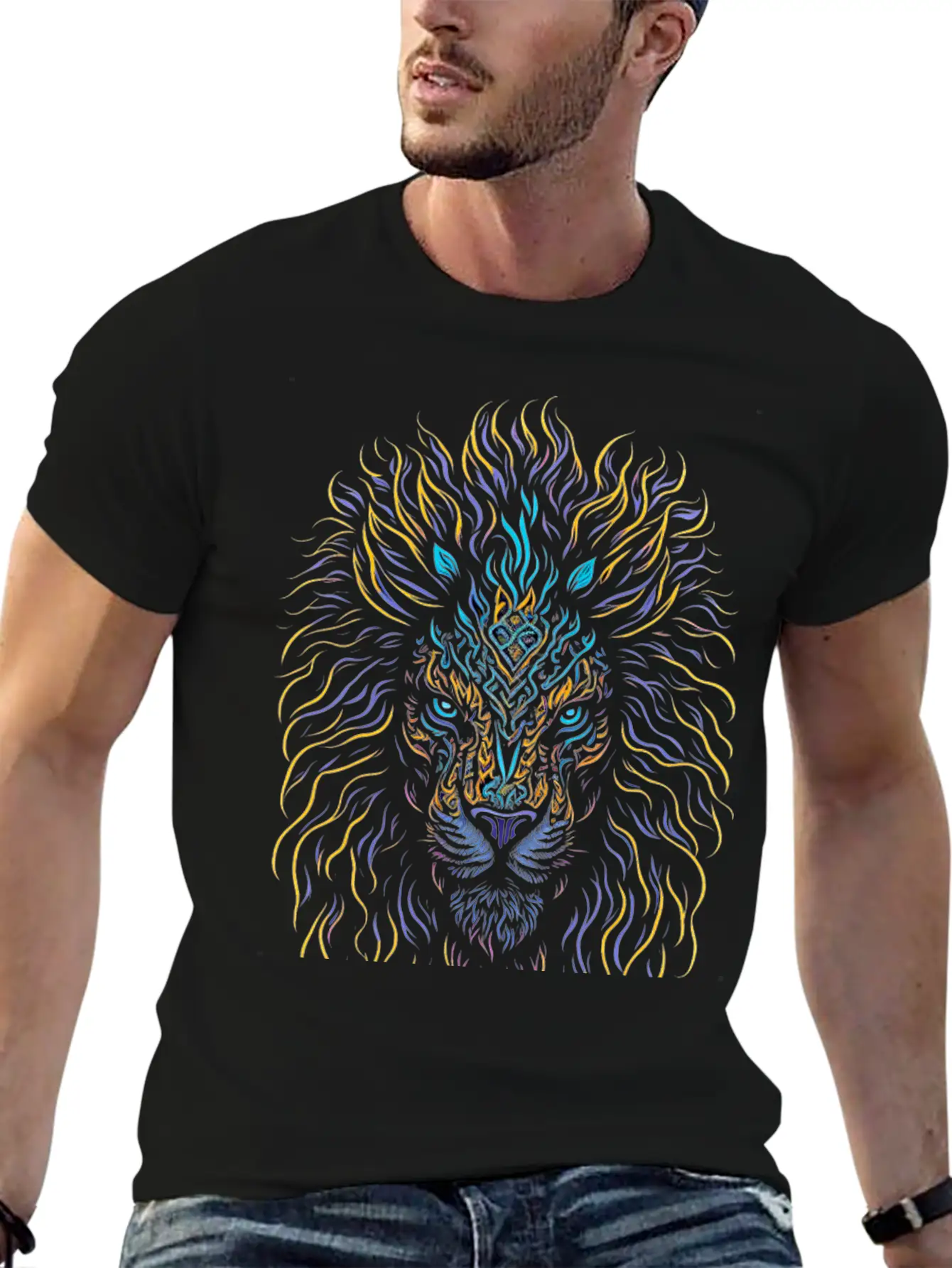 Neon Color Ornamental Lion Head Essential Cotton Tee For Daily Outfits ¨C Unisex Style