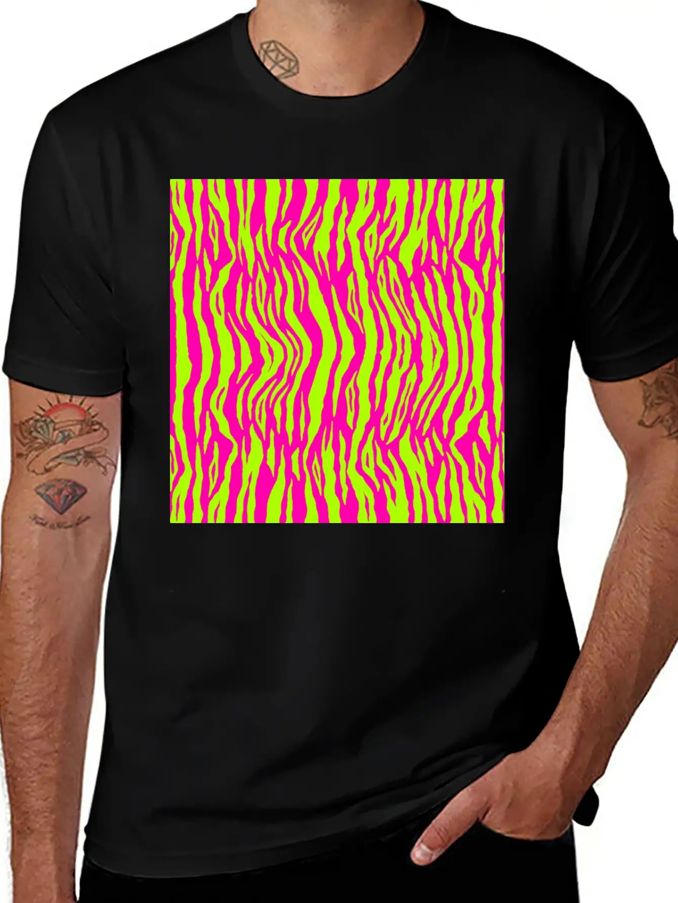 Neon Pink Green Tiger Pattern Essential Cotton Tee For Daily Outfits ¨C Unisex Style