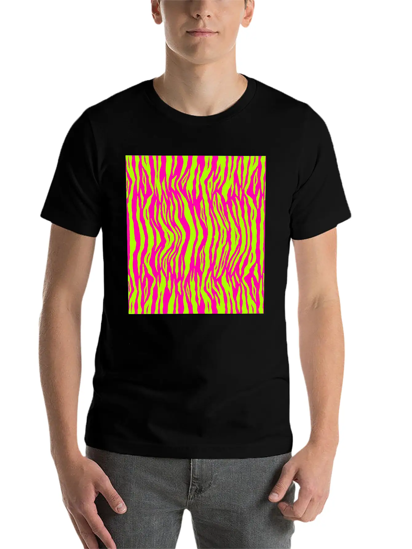 Neon Pink Green Tiger Pattern Essential Cotton Tee For Daily Outfits ¨C Unisex Style