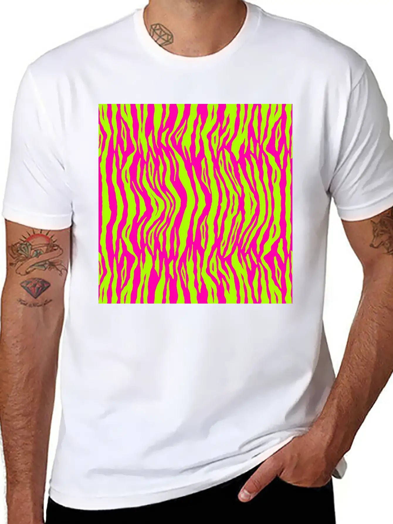 Neon Pink Green Tiger Pattern Essential Cotton Tee For Daily Outfits ¨C Unisex Style