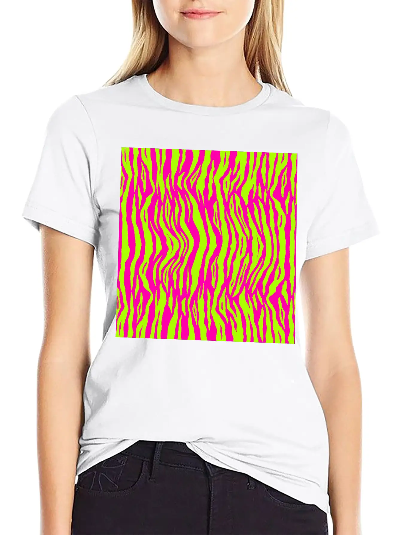 Neon Pink Green Tiger Pattern Essential Cotton Tee For Daily Outfits ¨C Unisex Style
