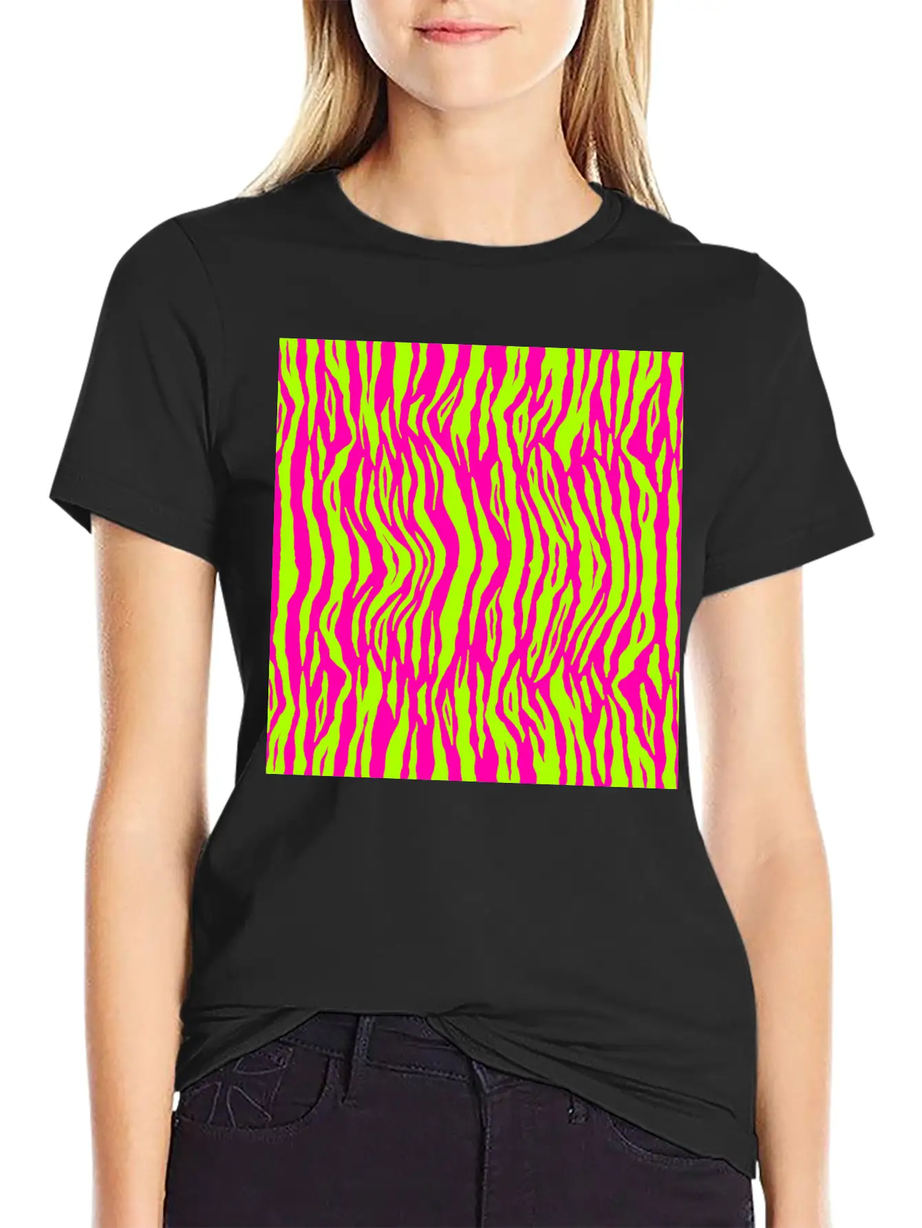 Neon Pink Green Tiger Pattern Essential Cotton Tee For Daily Outfits ¨C Unisex Style