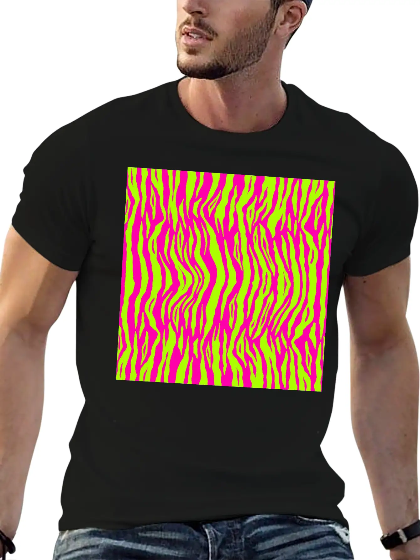 Neon Pink Green Tiger Pattern Essential Cotton Tee For Daily Outfits ¨C Unisex Style