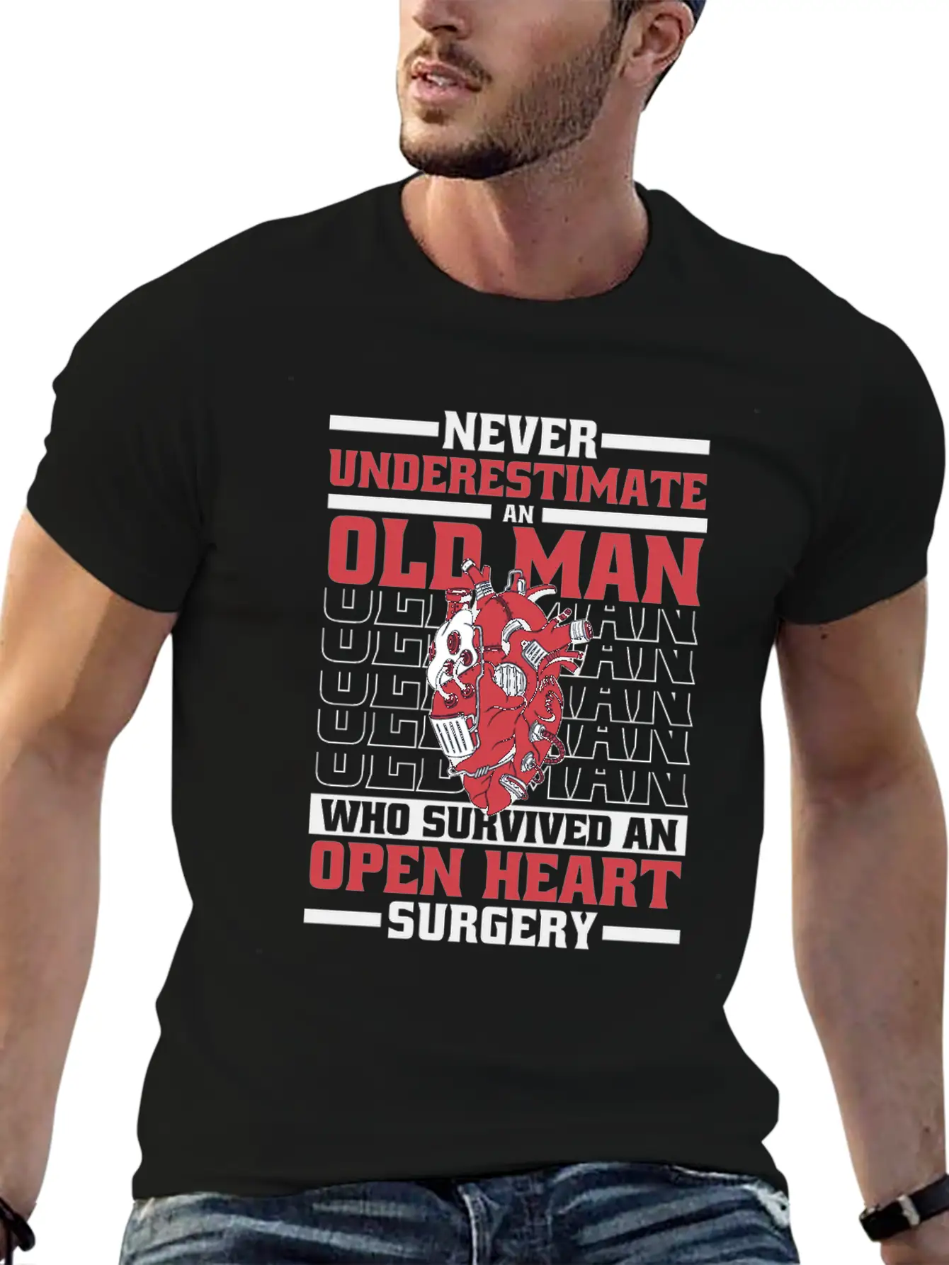 Never Underestimate An Old Man Survived Heart Basic Graphic T-Shirt ¨C Daily Comfort In Soft Cotton