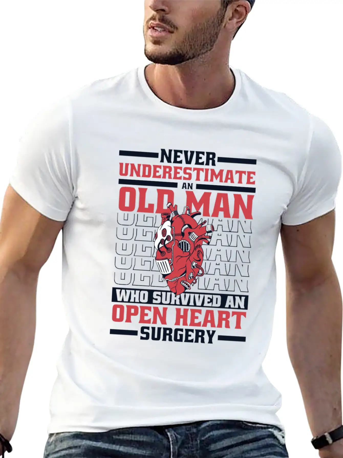 Never Underestimate An Old Man Survived Heart Basic Graphic T-Shirt ¨C Daily Comfort In Soft Cotton