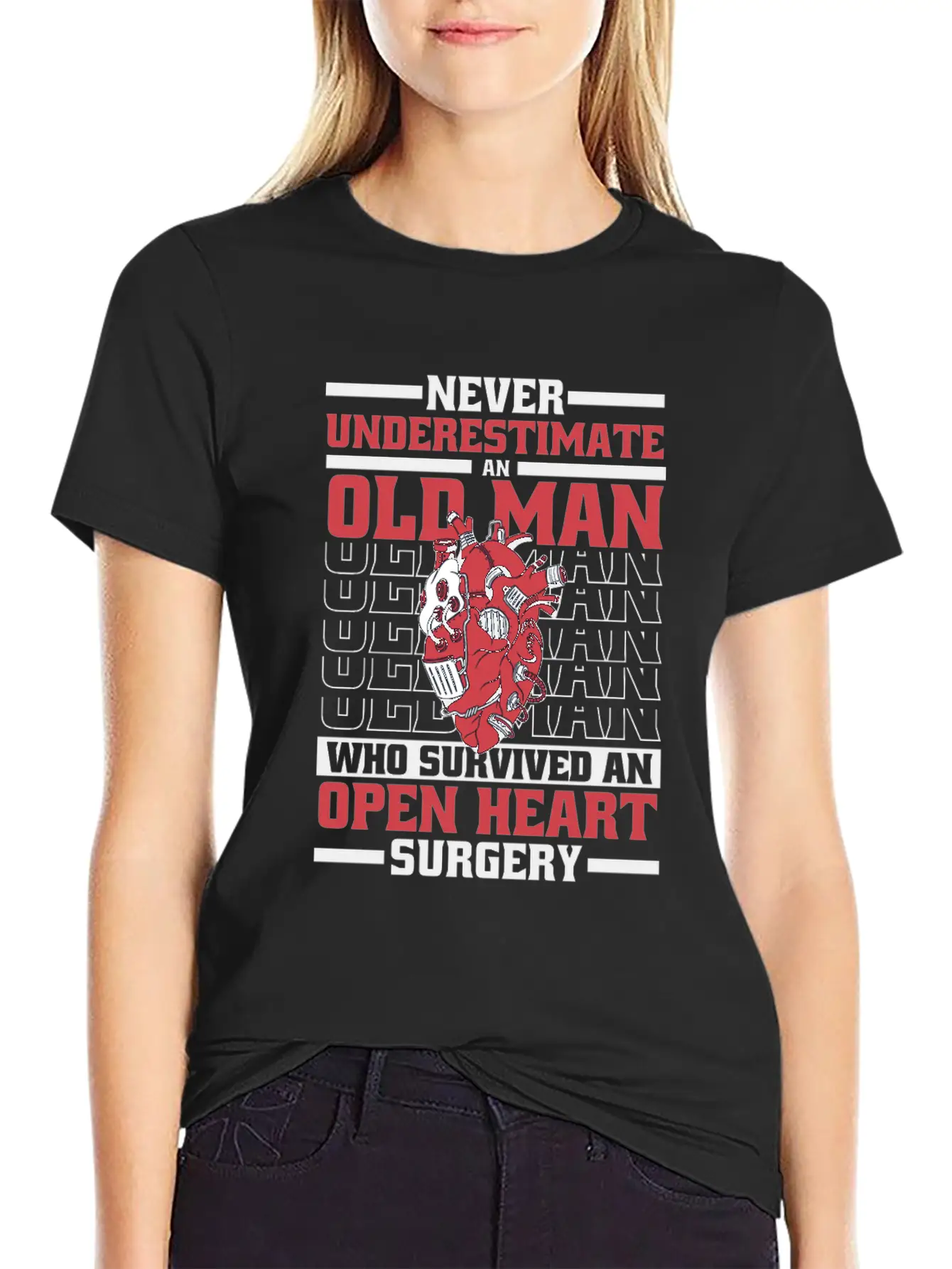 Never Underestimate An Old Man Survived Heart Basic Graphic T-Shirt ¨C Daily Comfort In Soft Cotton