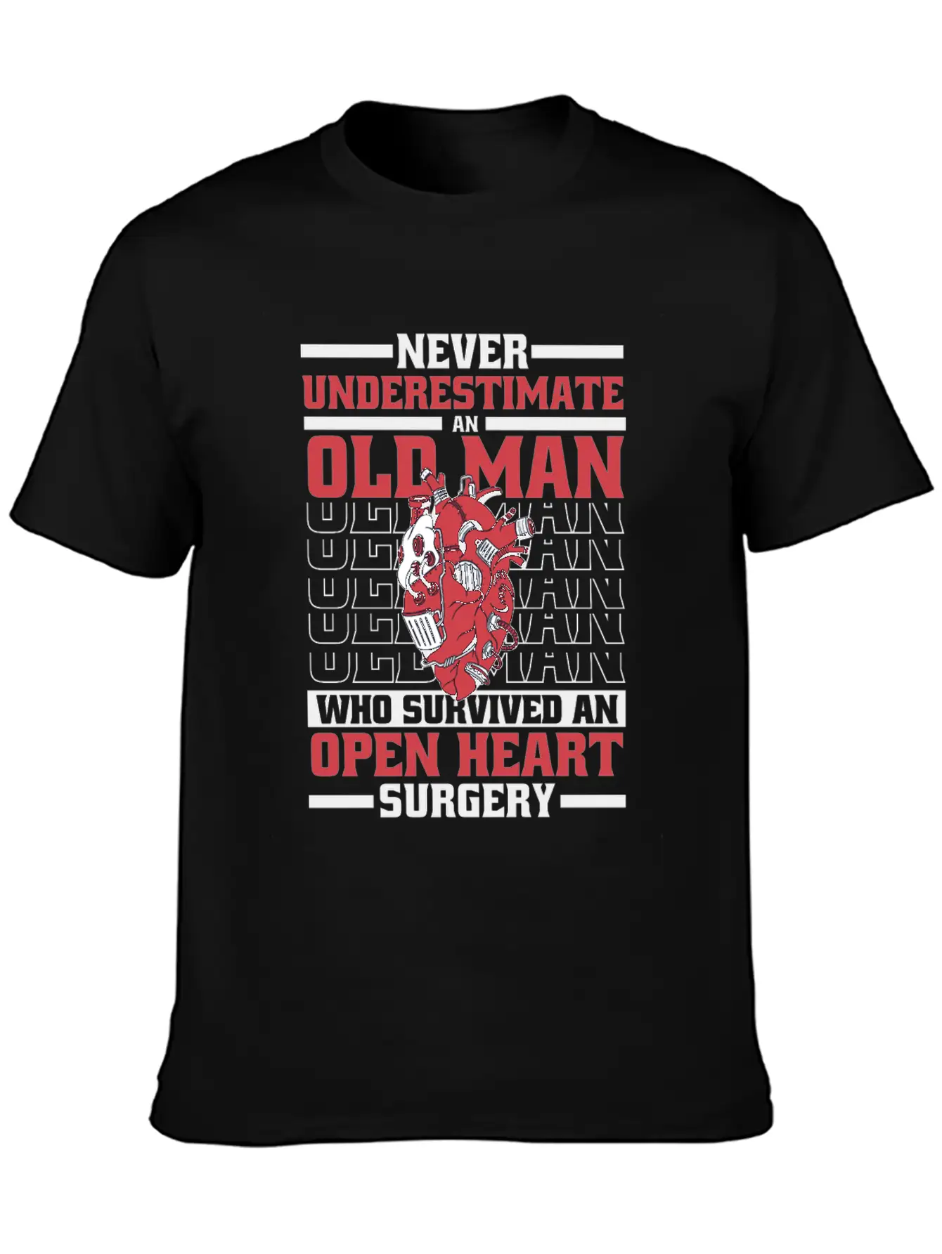 Never Underestimate An Old Man Survived Heart Basic Graphic T-Shirt ¨C Daily Comfort In Soft Cotton