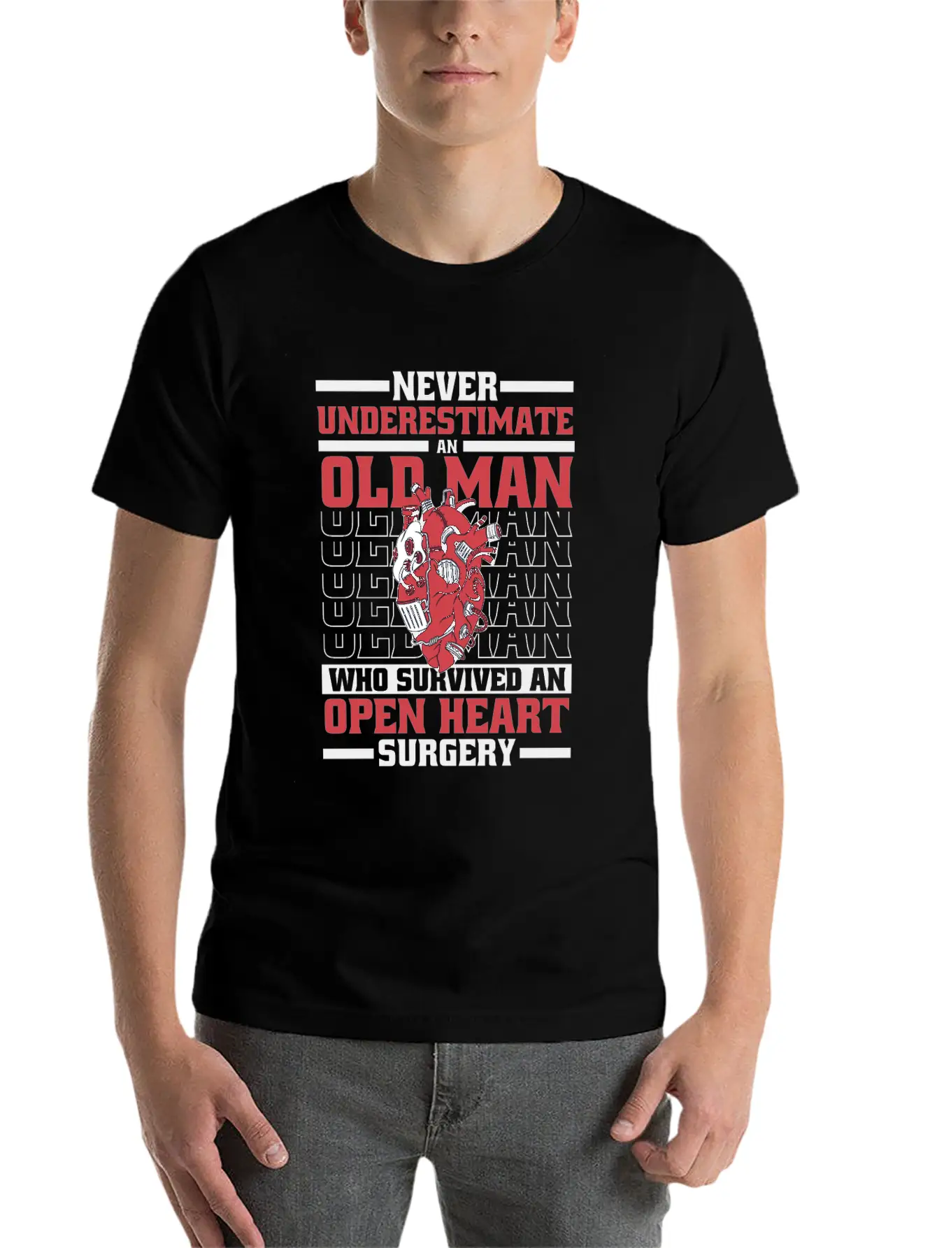 Never Underestimate An Old Man Survived Heart Basic Graphic T-Shirt ¨C Daily Comfort In Soft Cotton