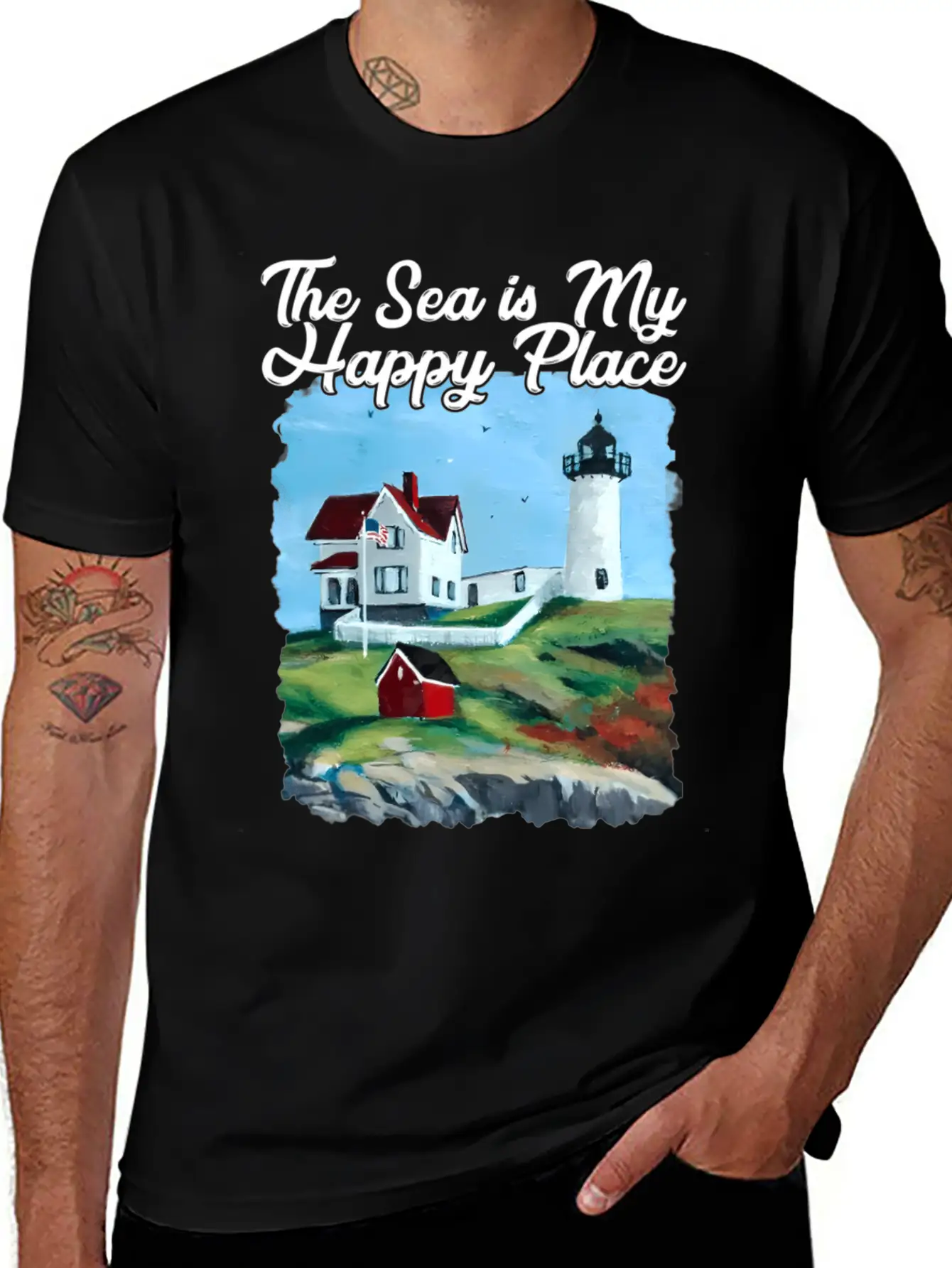 Nubble Lighthouse Maine Lighthouse Painting Summer Essential Cotton Tee For Daily Outfits ¨C Unisex Style
