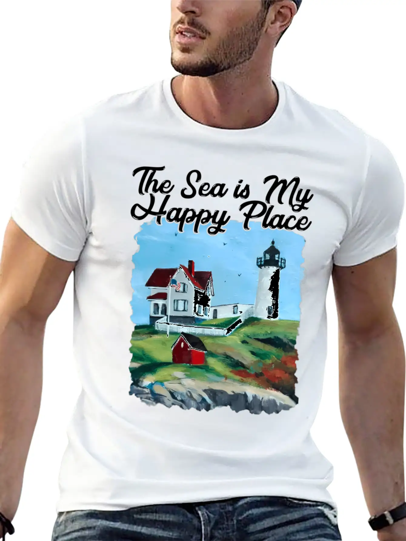 Nubble Lighthouse Maine Lighthouse Painting Summer Essential Cotton Tee For Daily Outfits ¨C Unisex Style