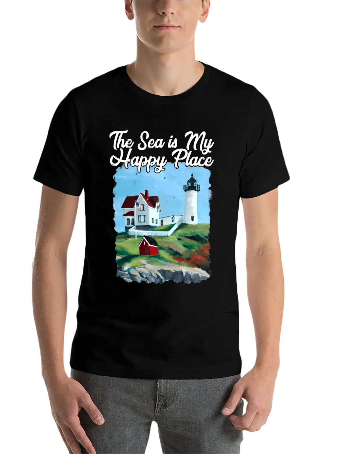 Nubble Lighthouse Maine Lighthouse Painting Summer Essential Cotton Tee For Daily Outfits ¨C Unisex Style
