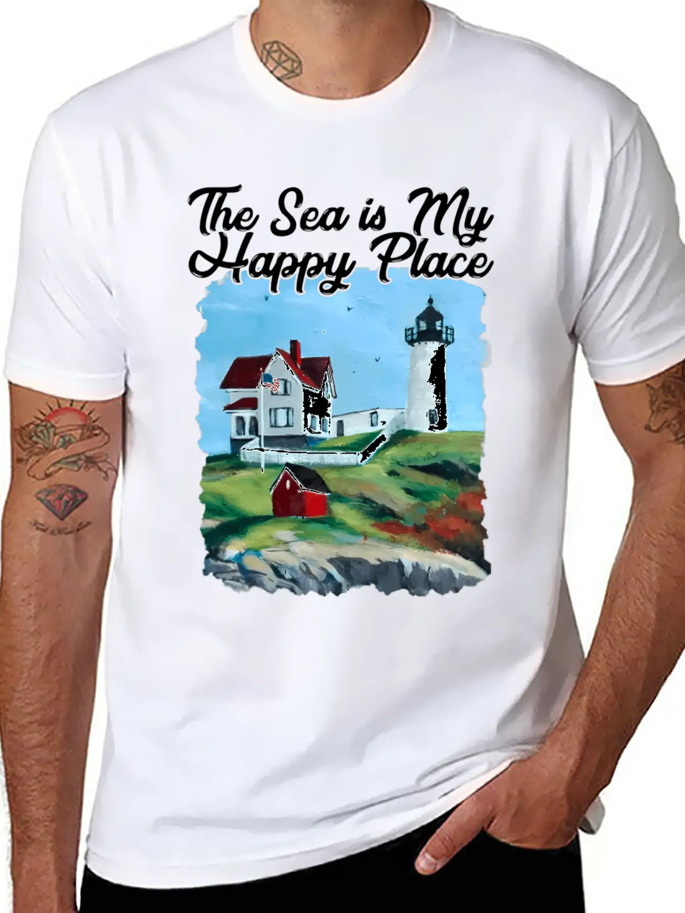 Nubble Lighthouse Maine Lighthouse Painting Summer Essential Cotton Tee For Daily Outfits ¨C Unisex Style