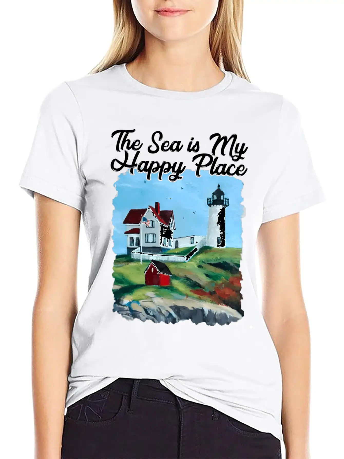 Nubble Lighthouse Maine Lighthouse Painting Summer Essential Cotton Tee For Daily Outfits ¨C Unisex Style