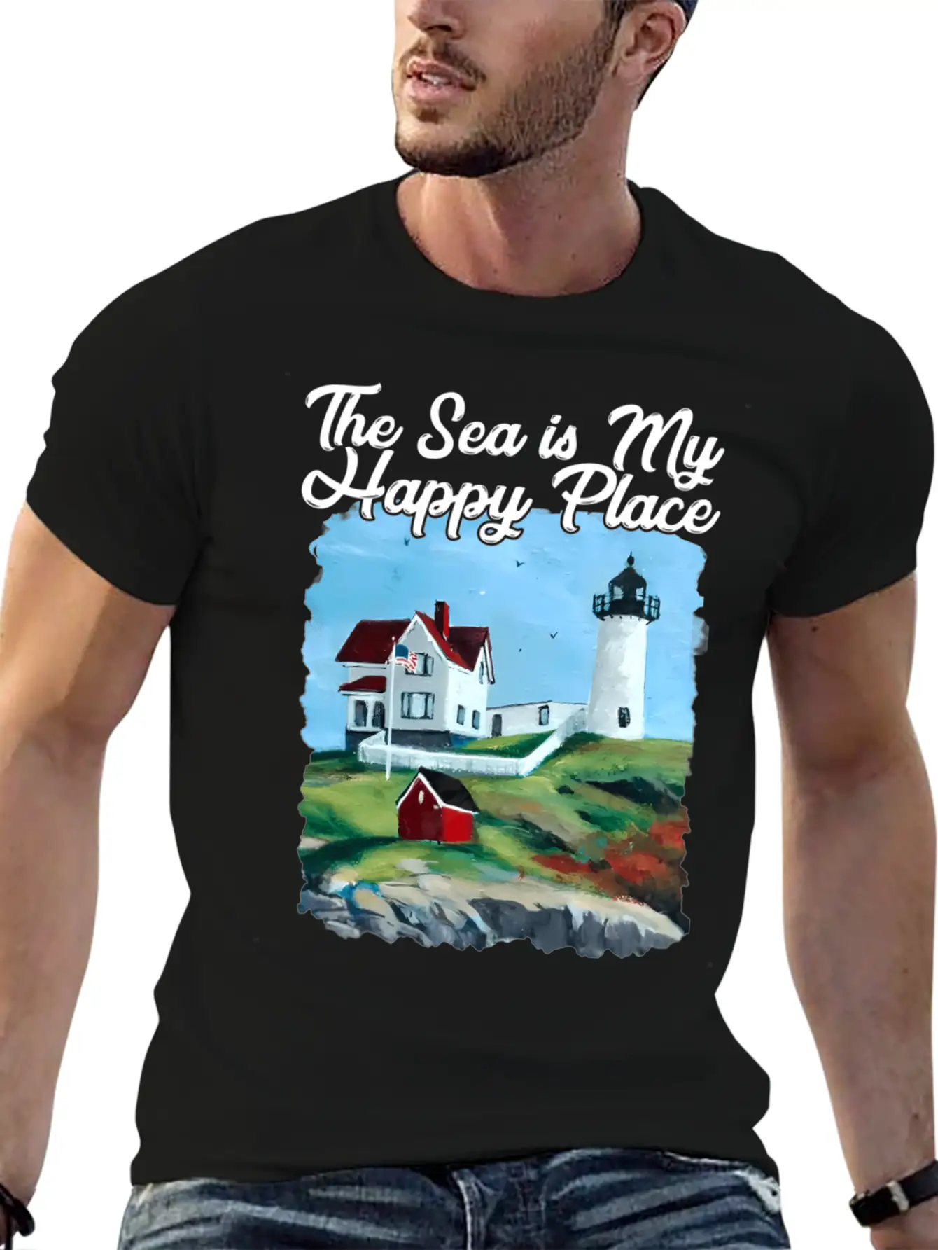 Nubble Lighthouse Maine Lighthouse Painting Summer Essential Cotton Tee For Daily Outfits ¨C Unisex Style